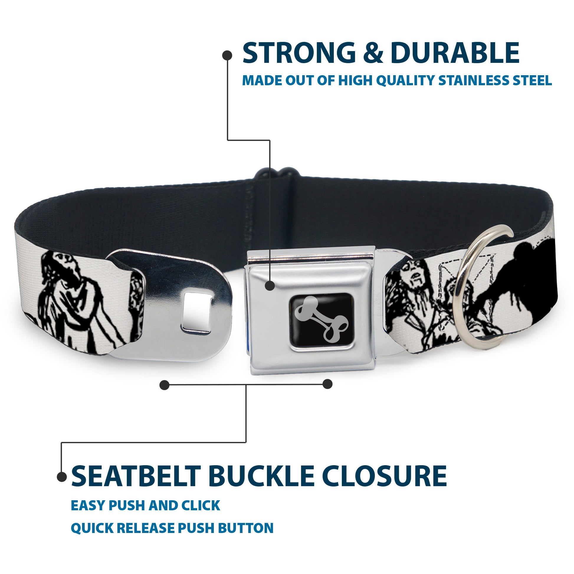 Dog Bone Seatbelt Buckle Collar - Zombies White/Black Seatbelt Buckle Collars Buckle-Down