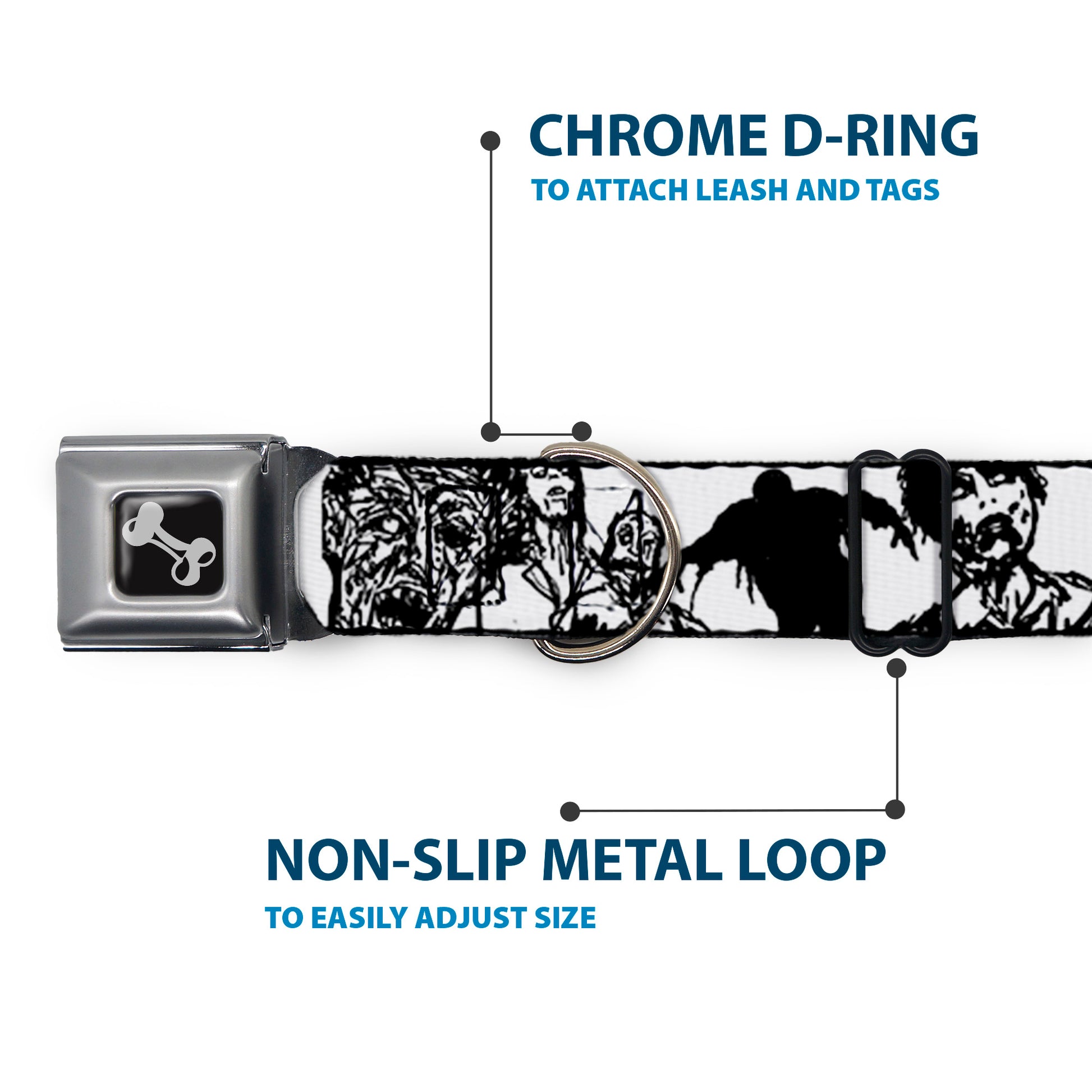 Dog Bone Seatbelt Buckle Collar - Zombies White/Black Seatbelt Buckle Collars Buckle-Down
