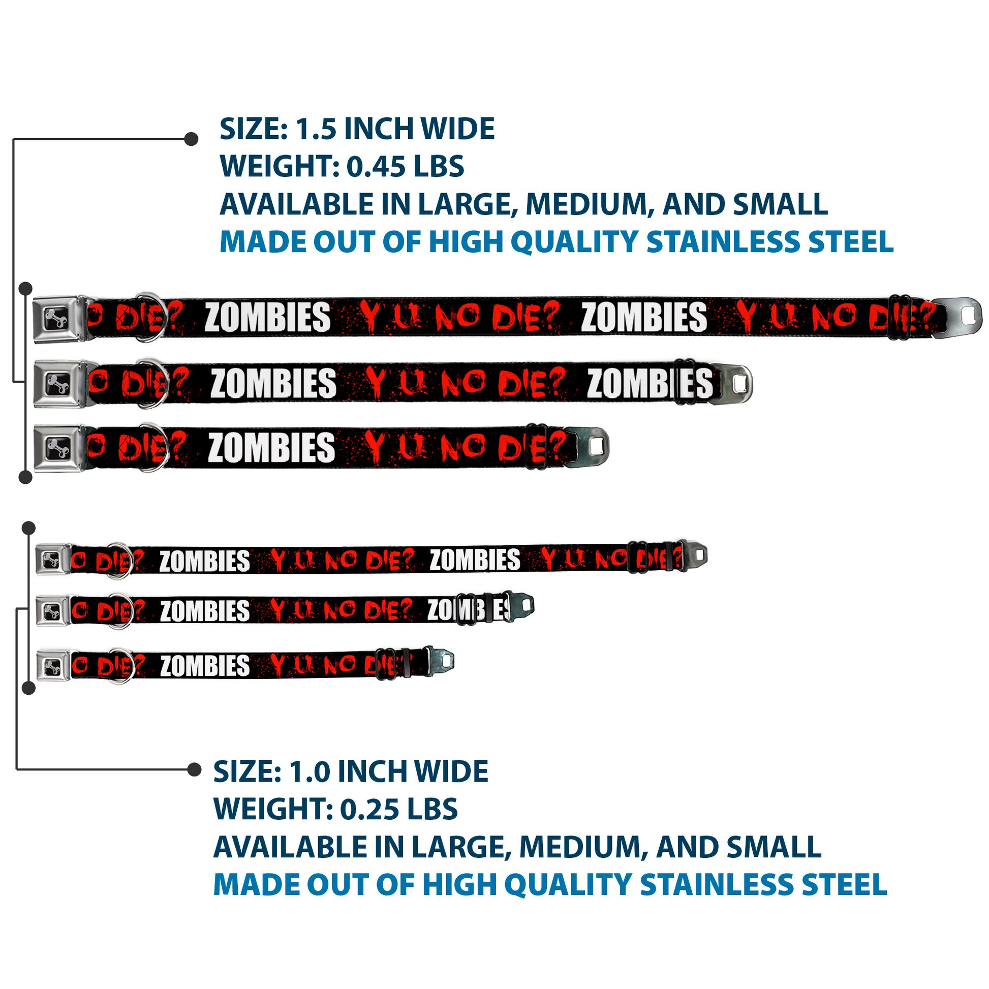 Dog Bone Seatbelt Buckle Collar - Zombies Y U NO DIE Black/White/Red Seatbelt Buckle Collars Buckle-Down