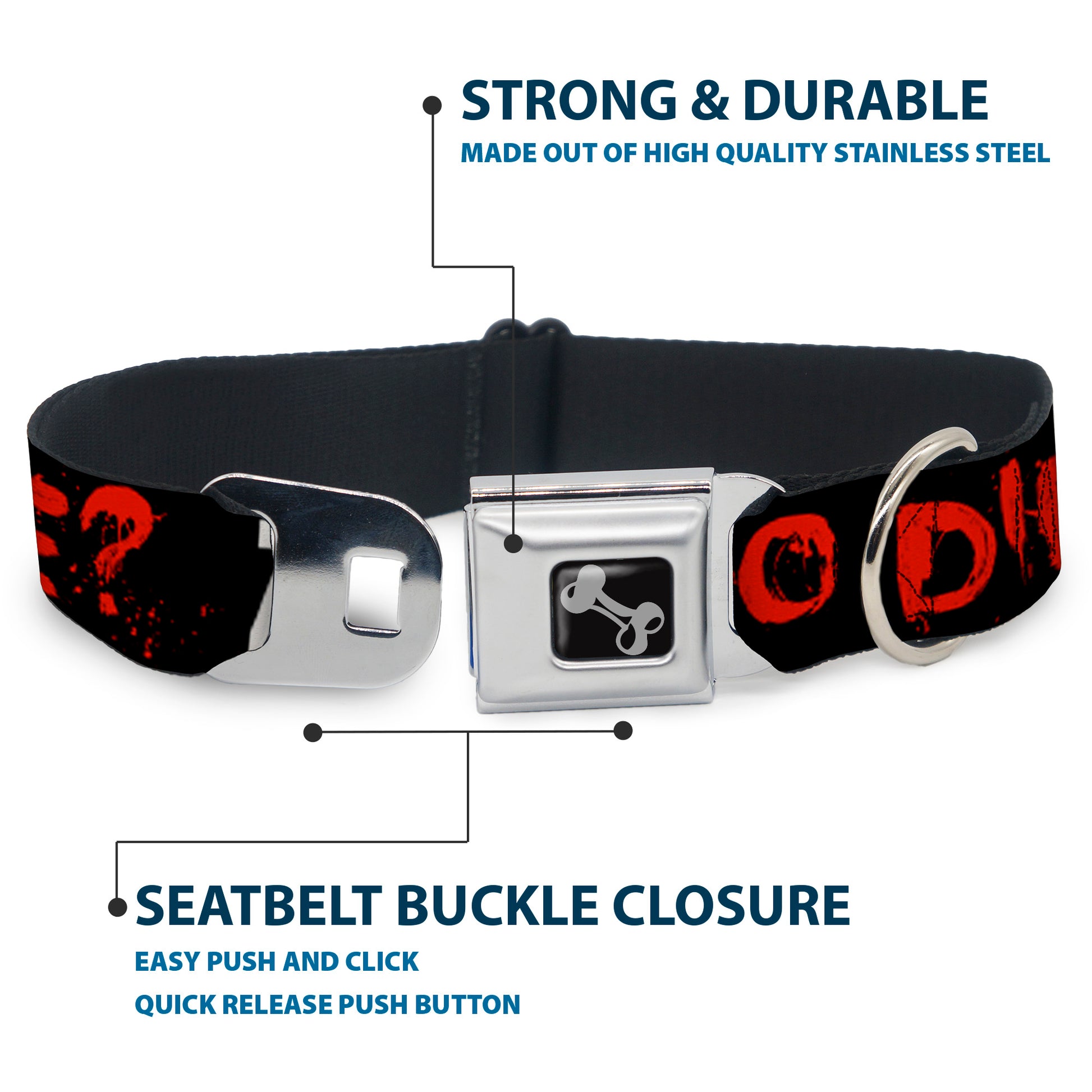 Dog Bone Seatbelt Buckle Collar - Zombies Y U NO DIE Black/White/Red Seatbelt Buckle Collars Buckle-Down