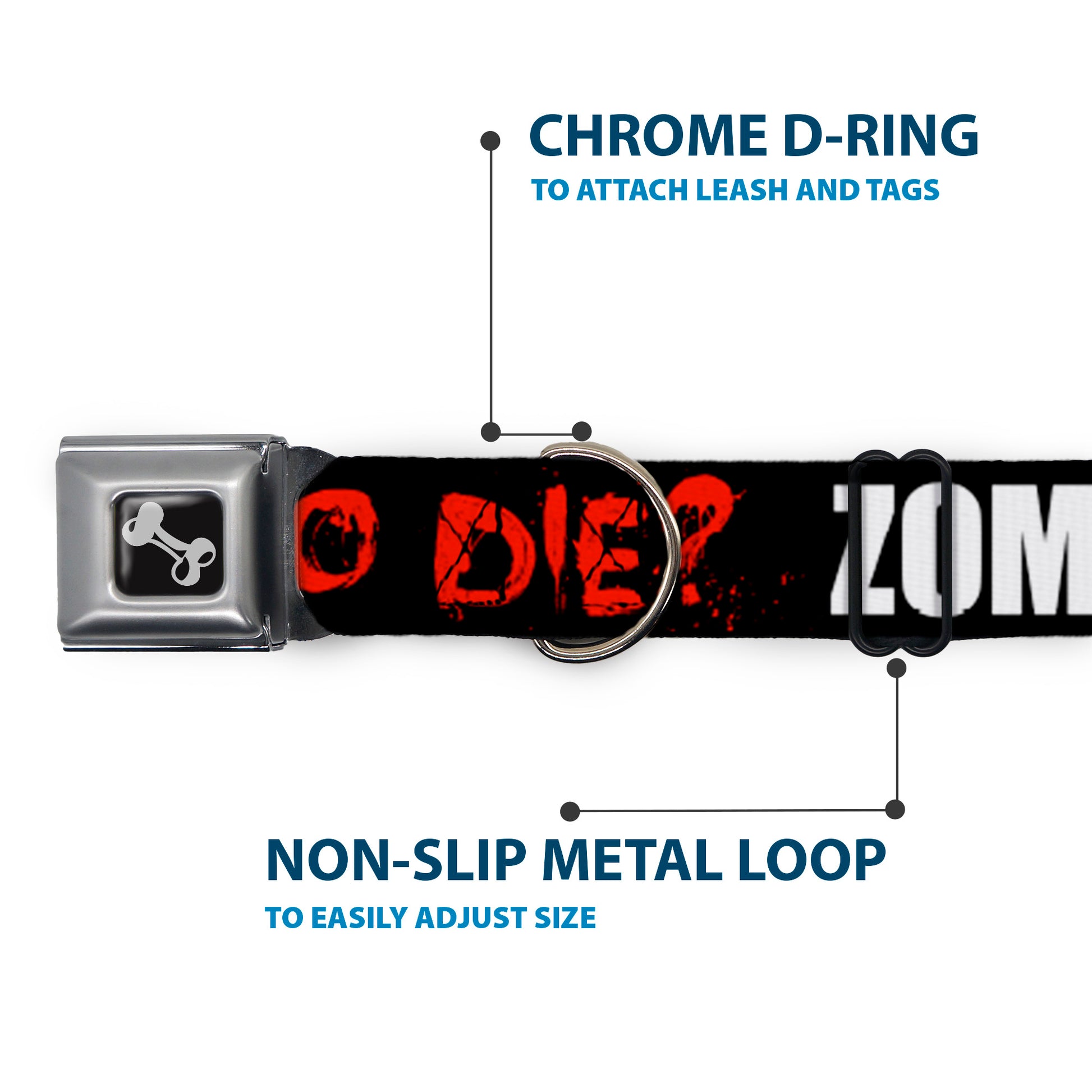 Dog Bone Seatbelt Buckle Collar - Zombies Y U NO DIE Black/White/Red Seatbelt Buckle Collars Buckle-Down