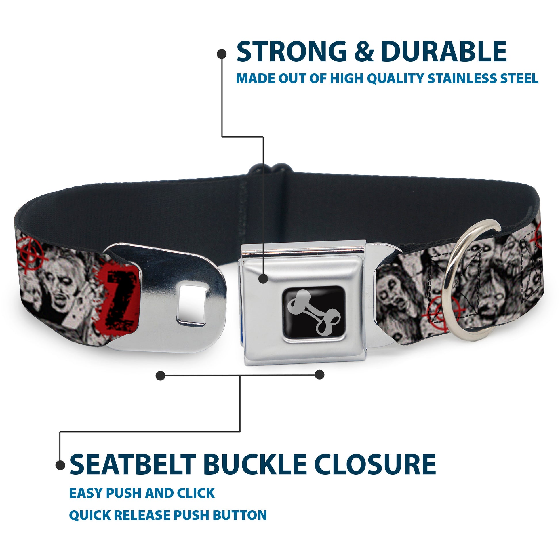 Dog Bone Seatbelt Buckle Collar - ZOMBIE KILLER w/Stacked Zombies Sketch Seatbelt Buckle Collars Buckle-Down