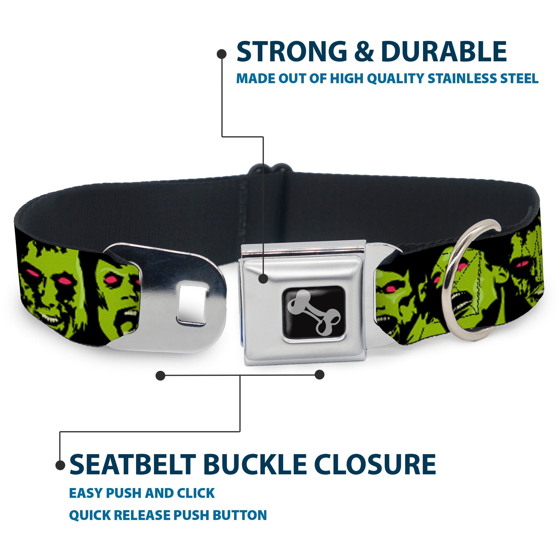 Dog Bone Seatbelt Buckle Collar - Zombie Expressions Black/Green/Red Seatbelt Buckle Collars Buckle-Down