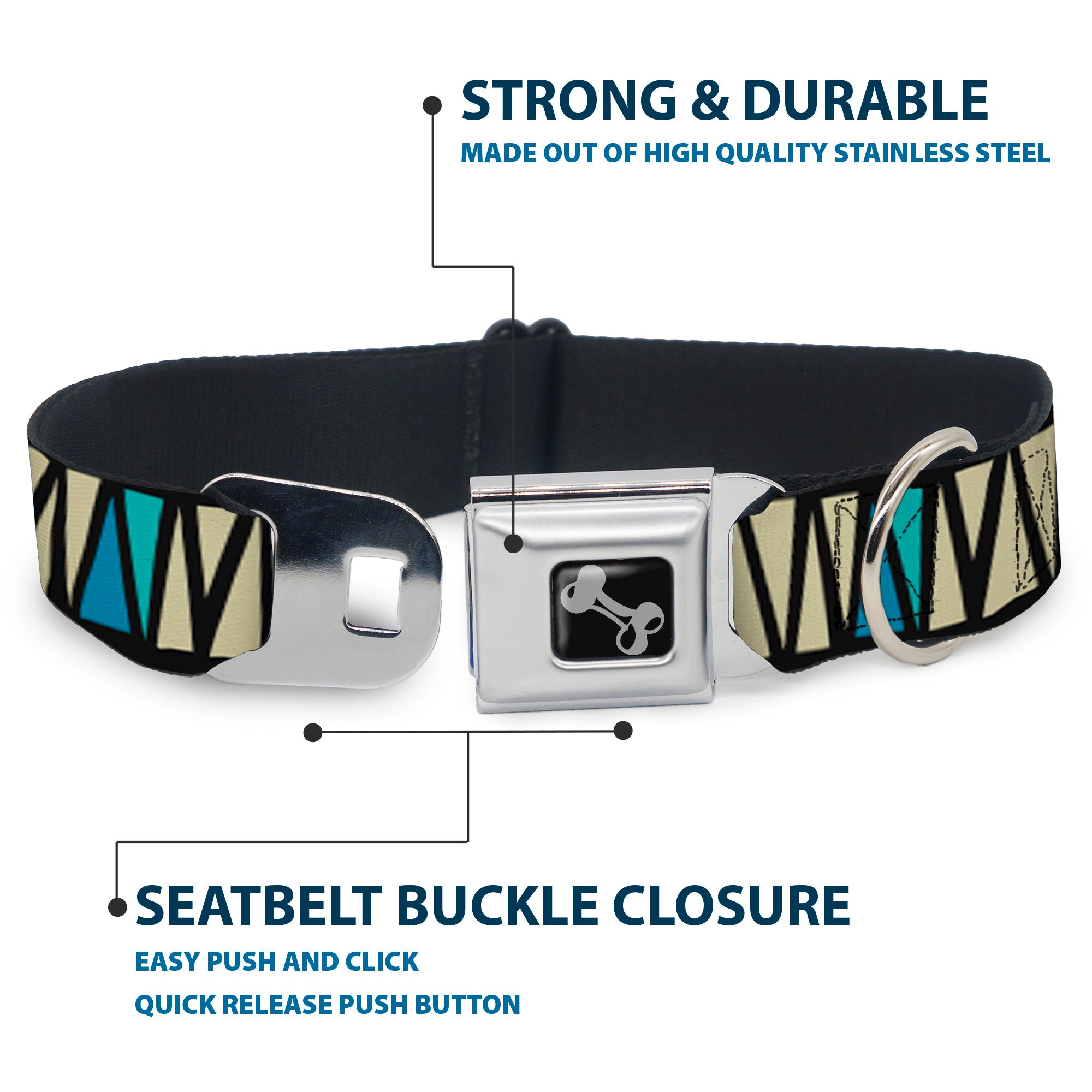 Dog Bone Seatbelt Buckle Collar - Zig Zag Doodle Black/Cream/Blues Seatbelt Buckle Collars Buckle-Down