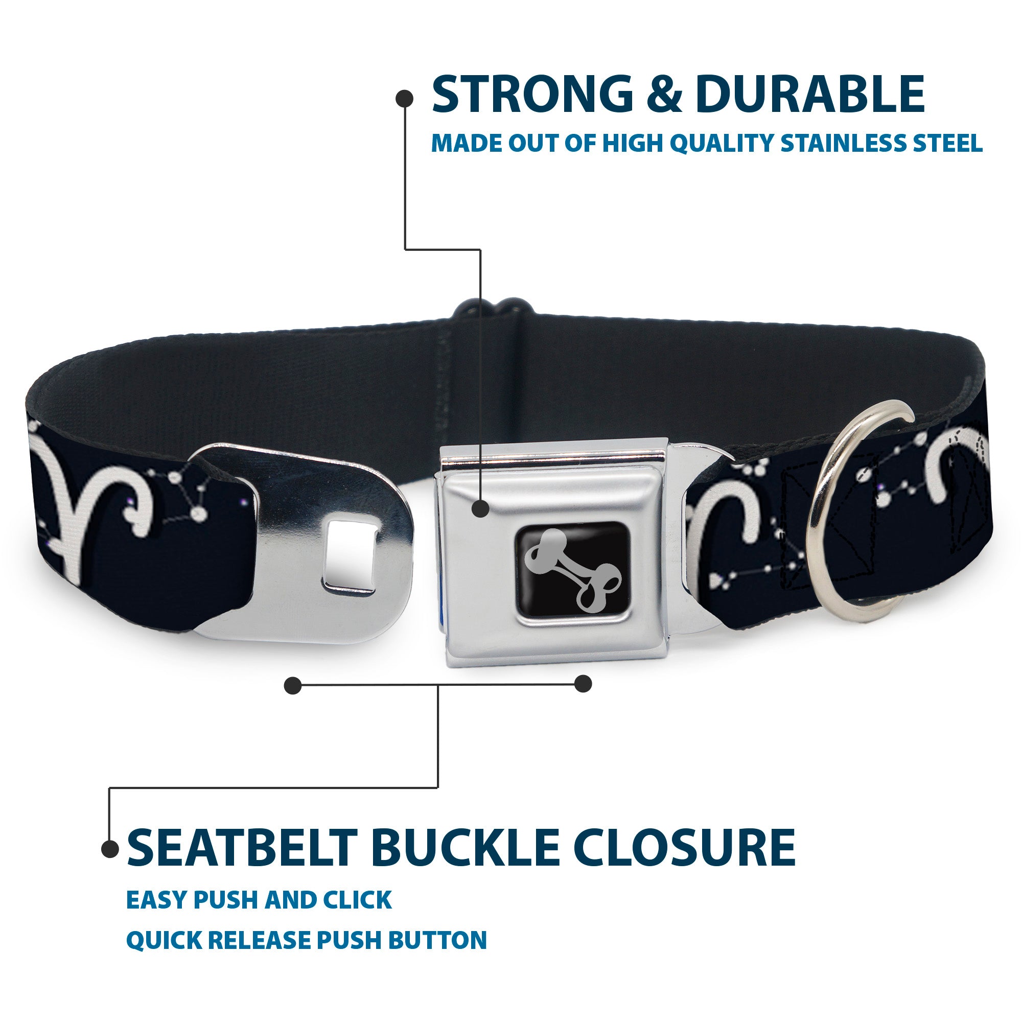 Dog Bone Seatbelt Buckle Collar - Zodiac Aries Symbol/Constellations Black/White Seatbelt Buckle Collars Buckle-Down