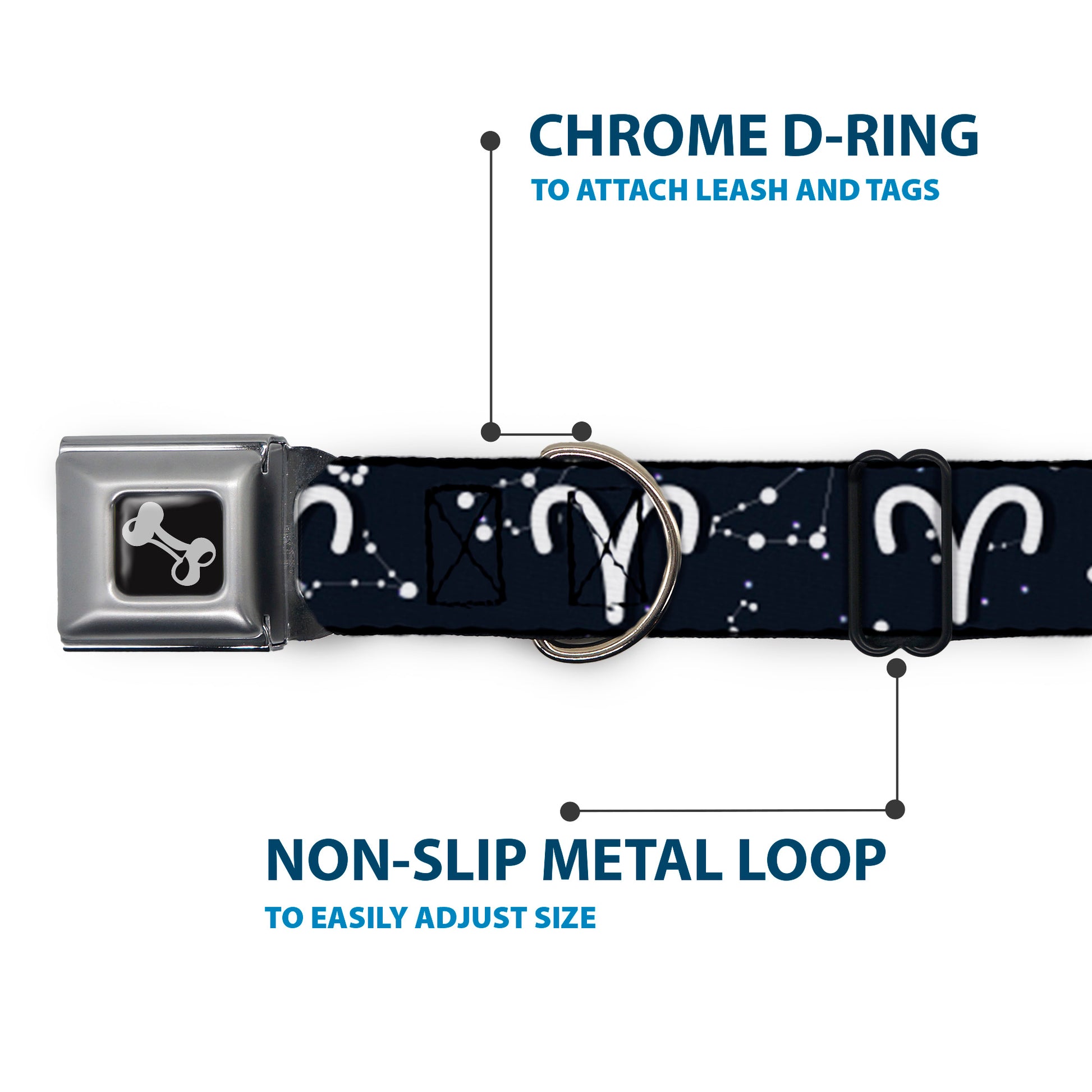 Dog Bone Seatbelt Buckle Collar - Zodiac Aries Symbol/Constellations Black/White Seatbelt Buckle Collars Buckle-Down