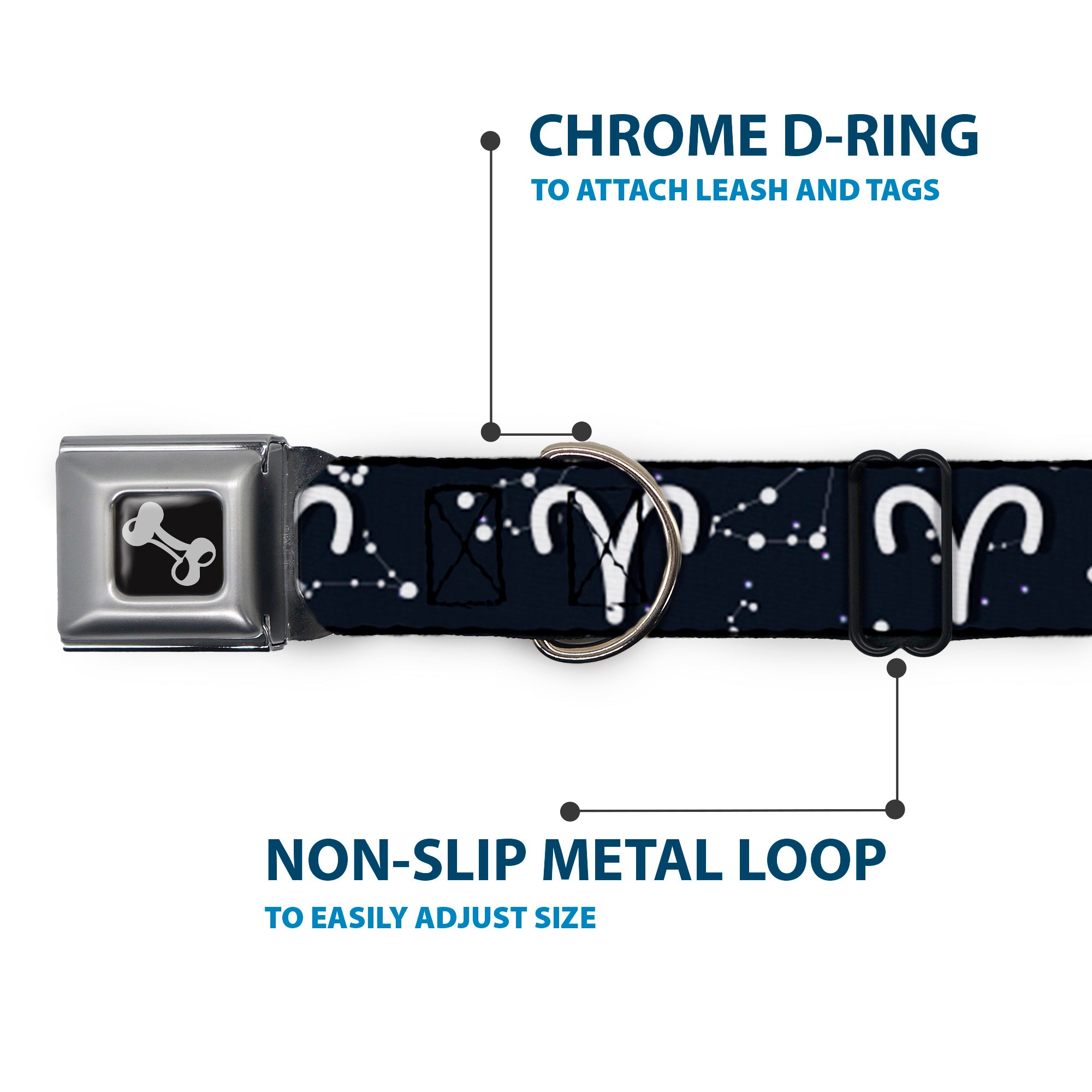 Dog Bone Seatbelt Buckle Collar - Zodiac Aries Symbol/Constellations Black/White Seatbelt Buckle Collars Buckle-Down
