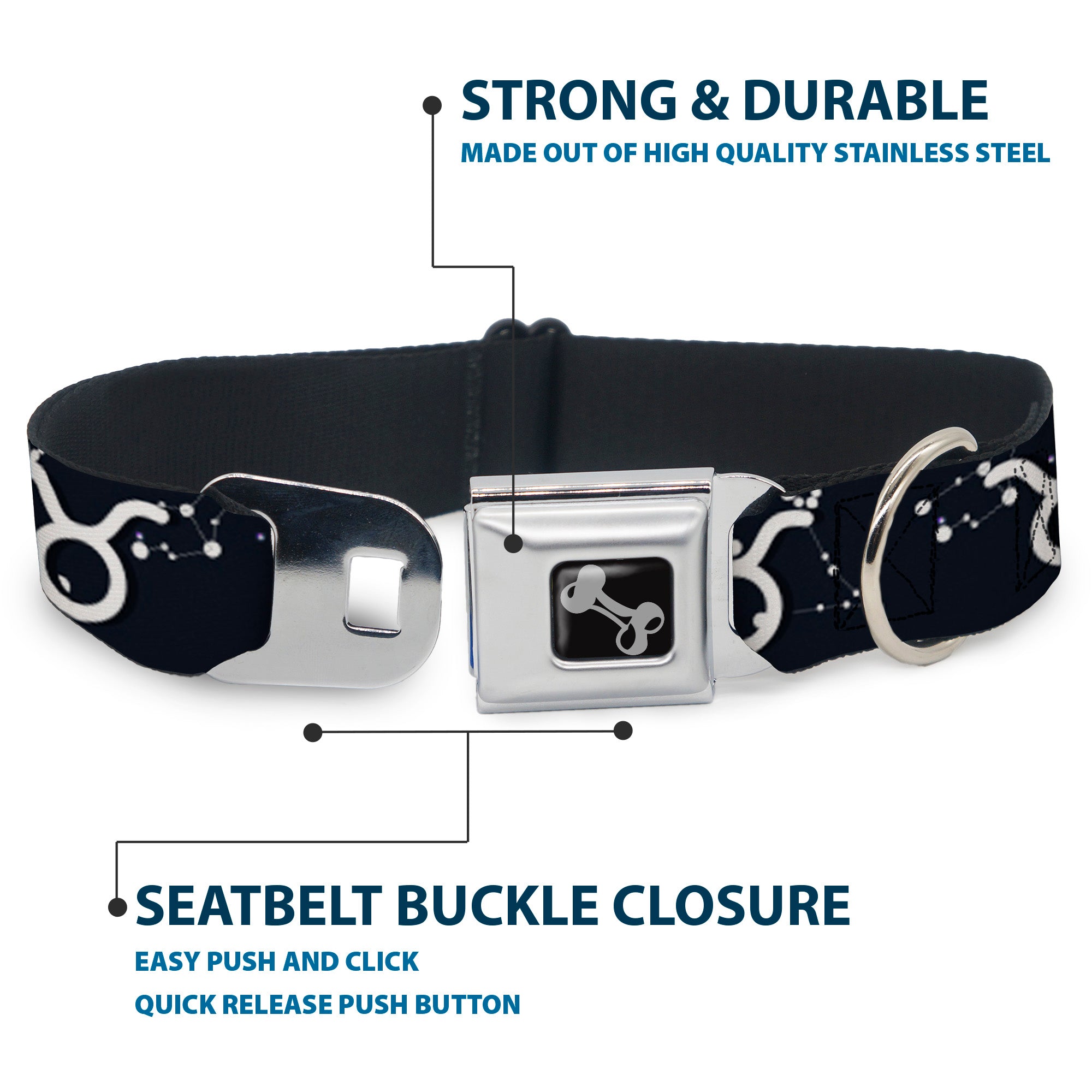 Dog Bone Seatbelt Buckle Collar - Zodiac Taurus Symbol/Constellations Black/White Seatbelt Buckle Collars Buckle-Down