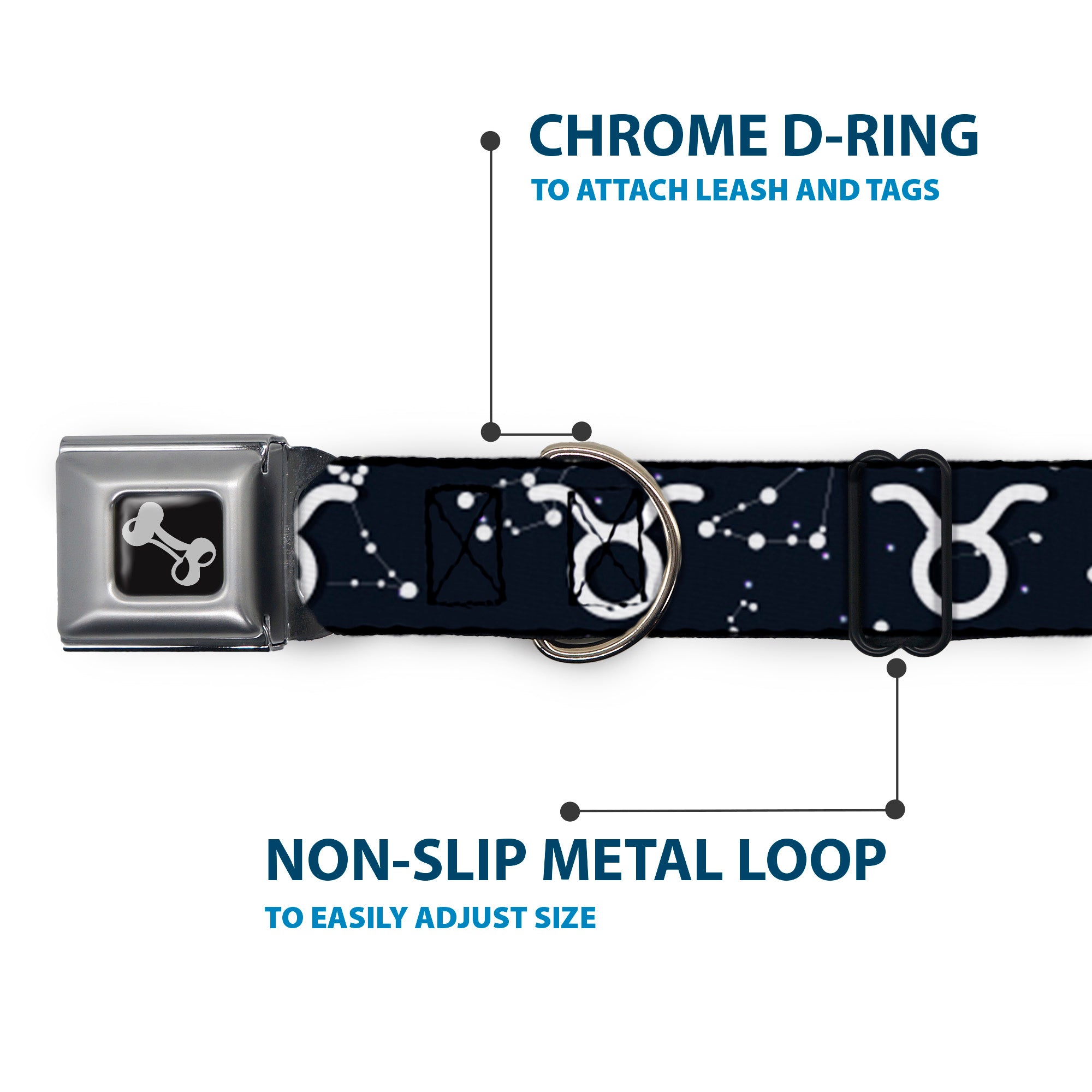 Dog Bone Seatbelt Buckle Collar - Zodiac Taurus Symbol/Constellations Black/White Seatbelt Buckle Collars Buckle-Down