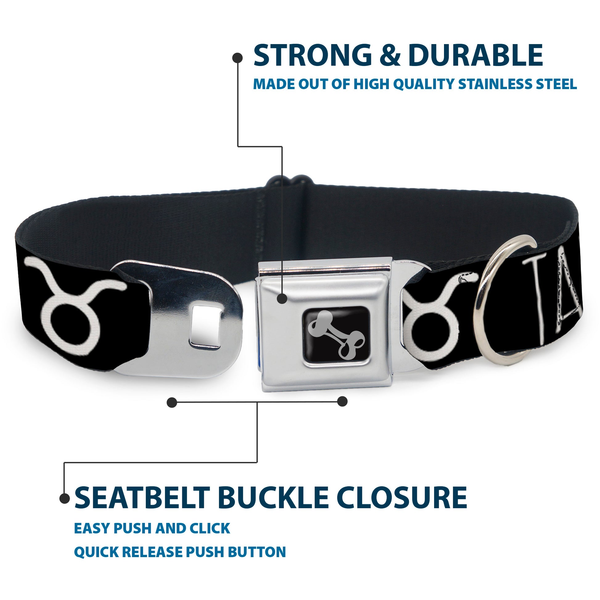 Dog Bone Seatbelt Buckle Collar - Zodiac TAURUS/Symbol Black/White Seatbelt Buckle Collars Buckle-Down
