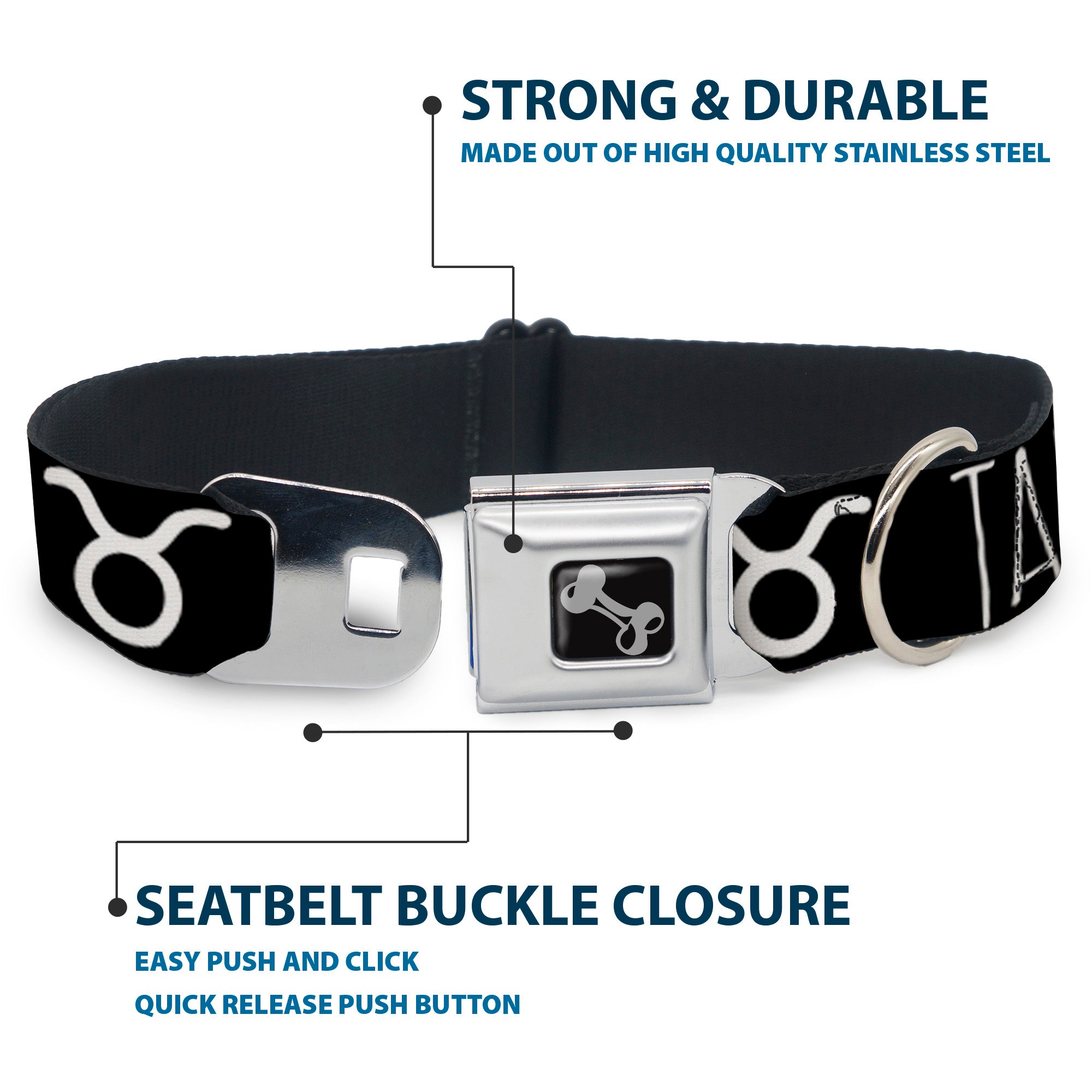 Dog Bone Seatbelt Buckle Collar - Zodiac TAURUS/Symbol Black/White Seatbelt Buckle Collars Buckle-Down