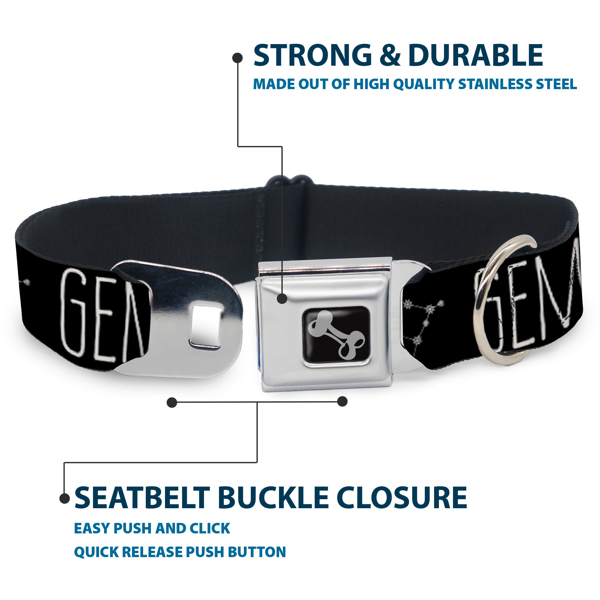 Dog Bone Seatbelt Buckle Collar - Zodiac GEMINI/Constellation Black/White Seatbelt Buckle Collars Buckle-Down