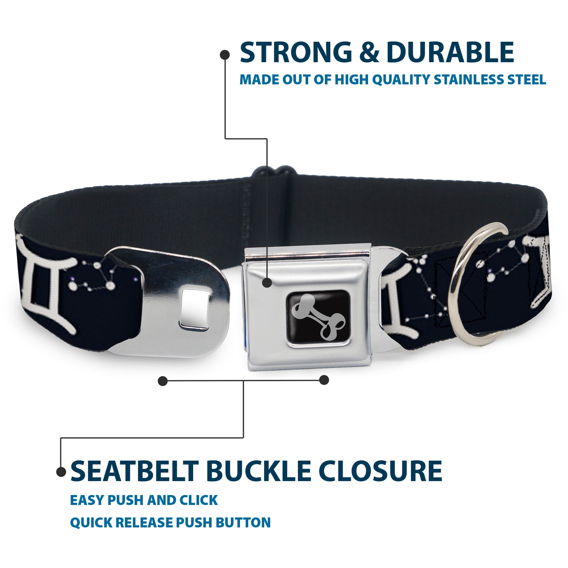 Dog Bone Seatbelt Buckle Collar - Zodiac Gemini Symbol/Constellations Black/White Seatbelt Buckle Collars Buckle-Down