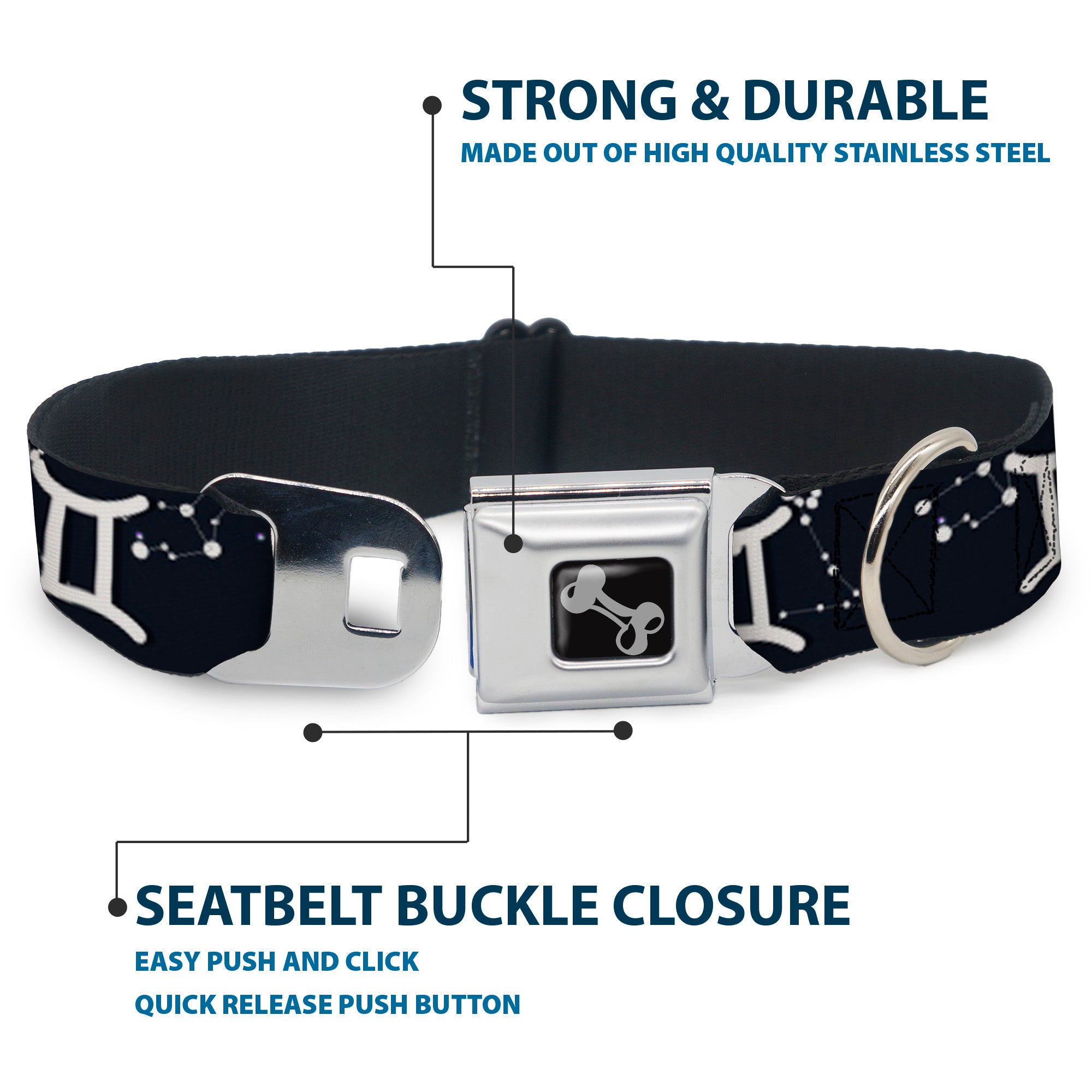 Dog Bone Seatbelt Buckle Collar - Zodiac Gemini Symbol/Constellations Black/White Seatbelt Buckle Collars Buckle-Down