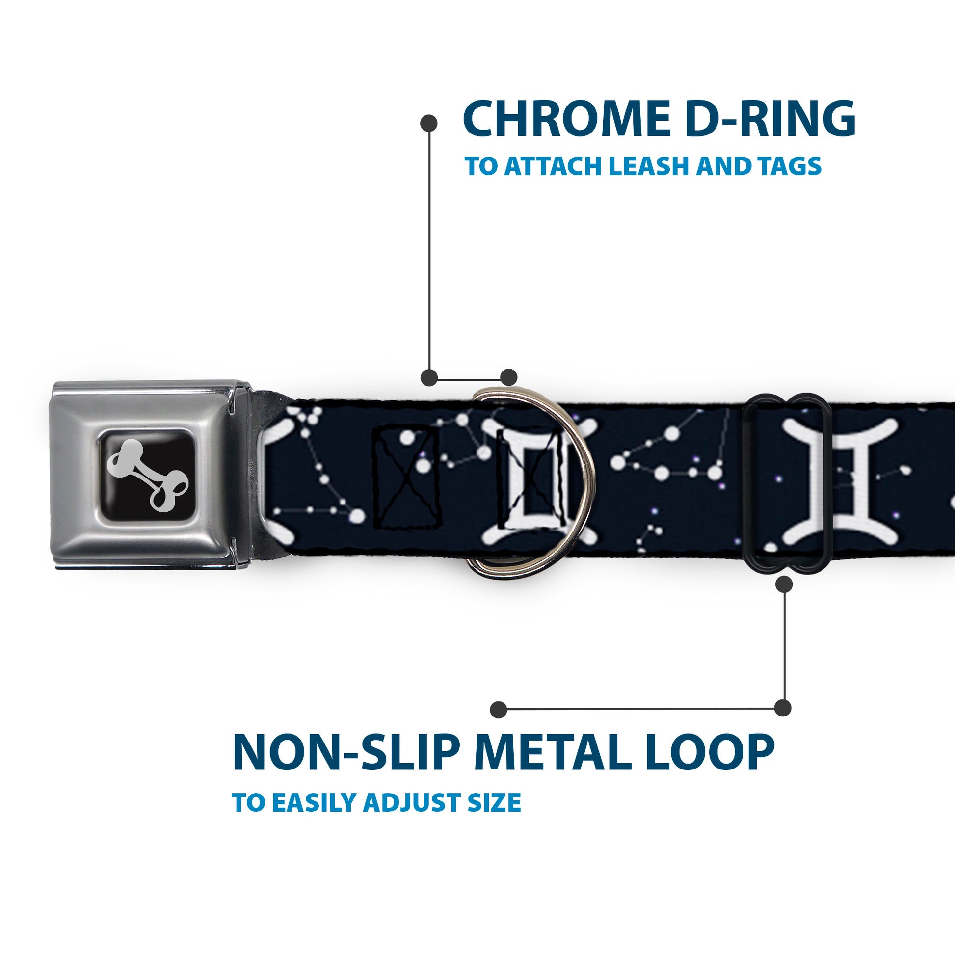 Dog Bone Seatbelt Buckle Collar - Zodiac Gemini Symbol/Constellations Black/White Seatbelt Buckle Collars Buckle-Down