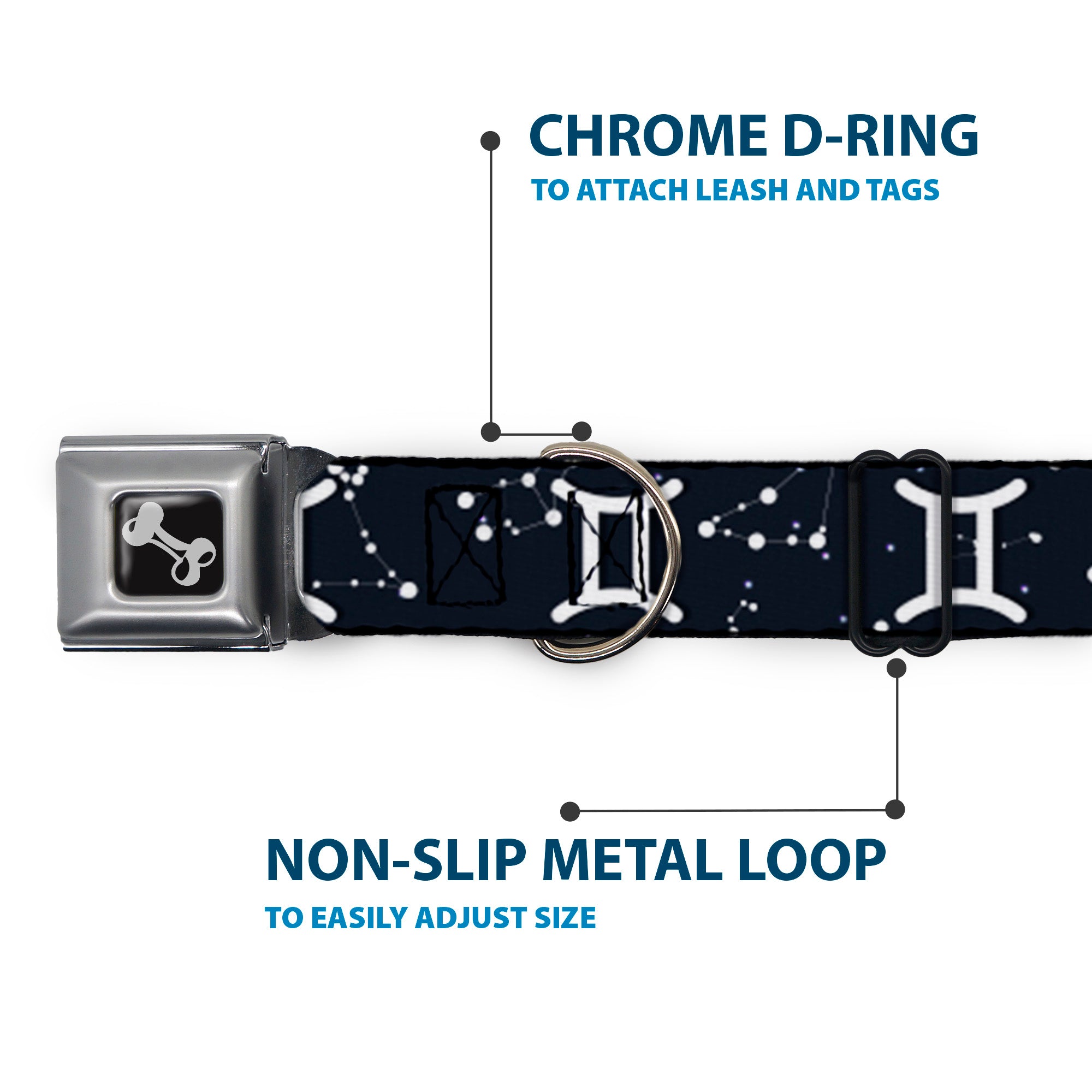 Dog Bone Seatbelt Buckle Collar - Zodiac Gemini Symbol/Constellations Black/White Seatbelt Buckle Collars Buckle-Down