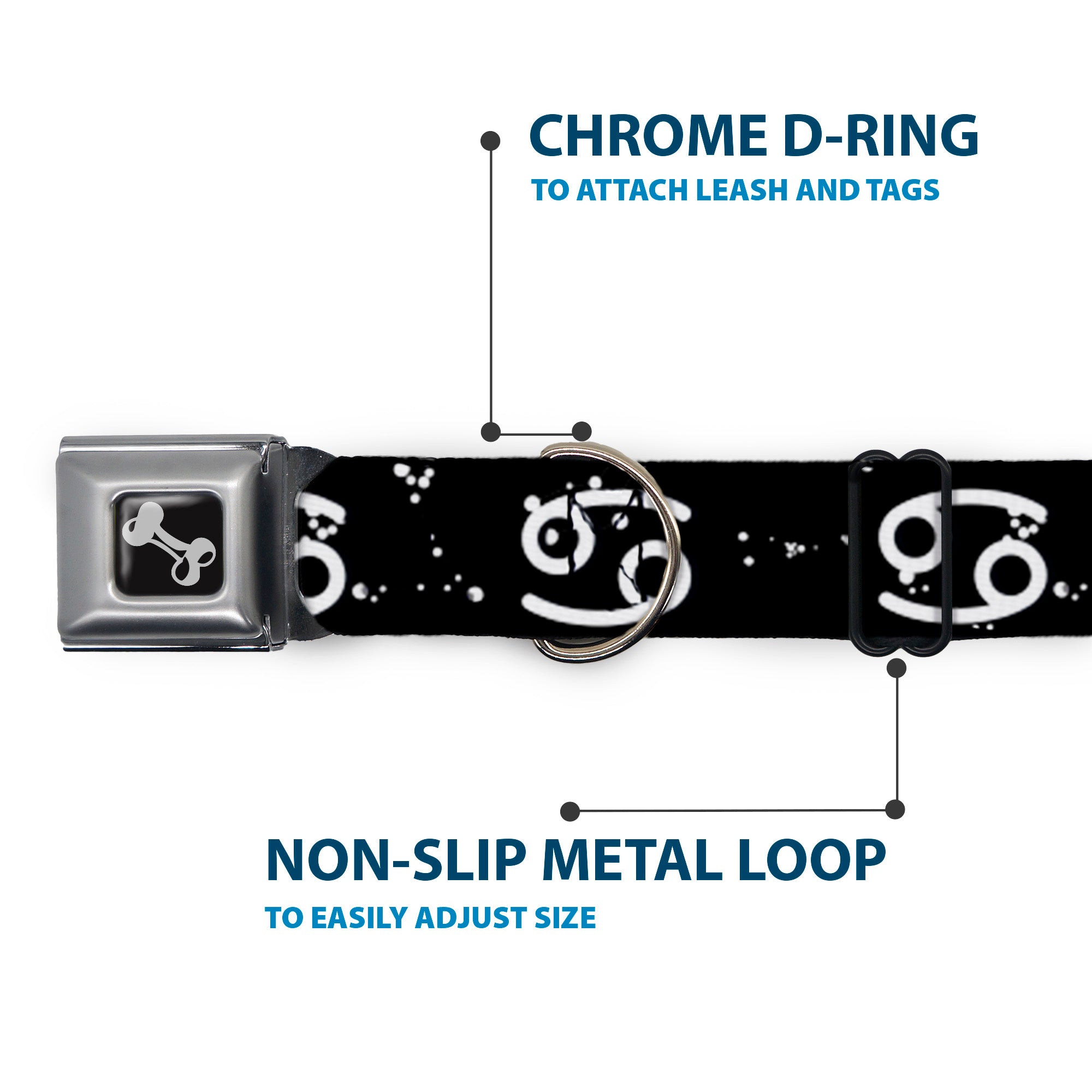 Dog Bone Seatbelt Buckle Collar - Zodiac Cancer Symbol/Constellations Black/White Seatbelt Buckle Collars Buckle-Down