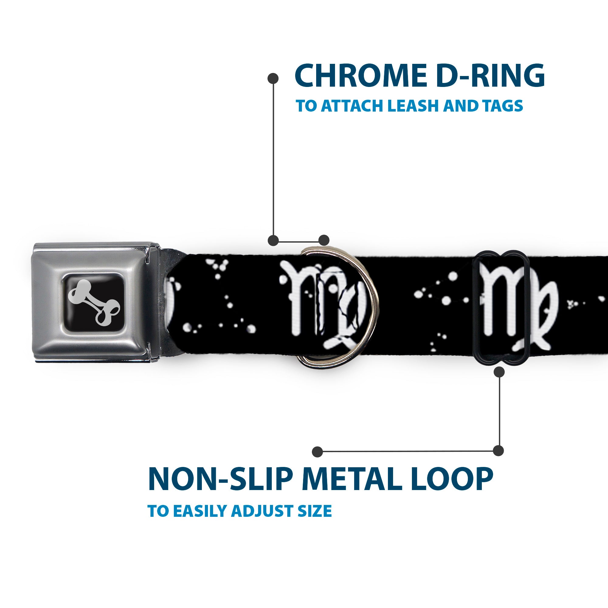 Dog Bone Seatbelt Buckle Collar - Zodiac Virgo Symbol/Constellations Black/White Seatbelt Buckle Collars Buckle-Down