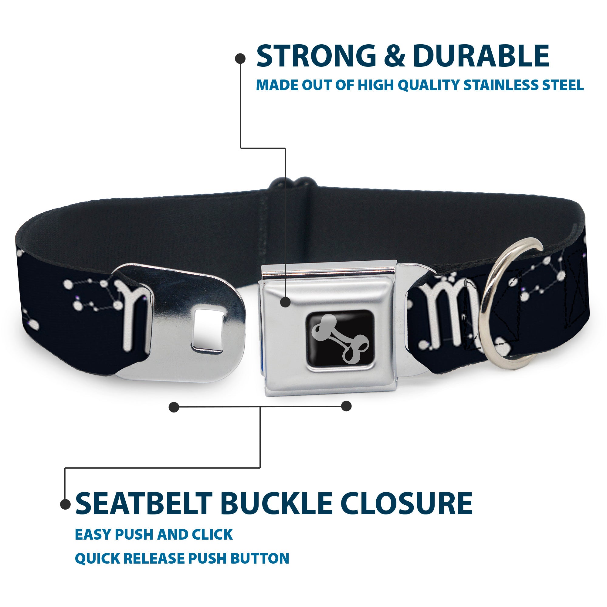 Dog Bone Seatbelt Buckle Collar - Zodiac Scorpio Symbol/Constellations Black/White Seatbelt Buckle Collars Buckle-Down