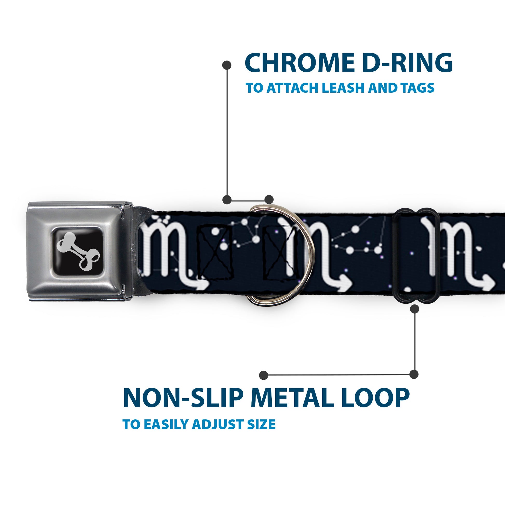 Dog Bone Seatbelt Buckle Collar - Zodiac Scorpio Symbol/Constellations Black/White Seatbelt Buckle Collars Buckle-Down
