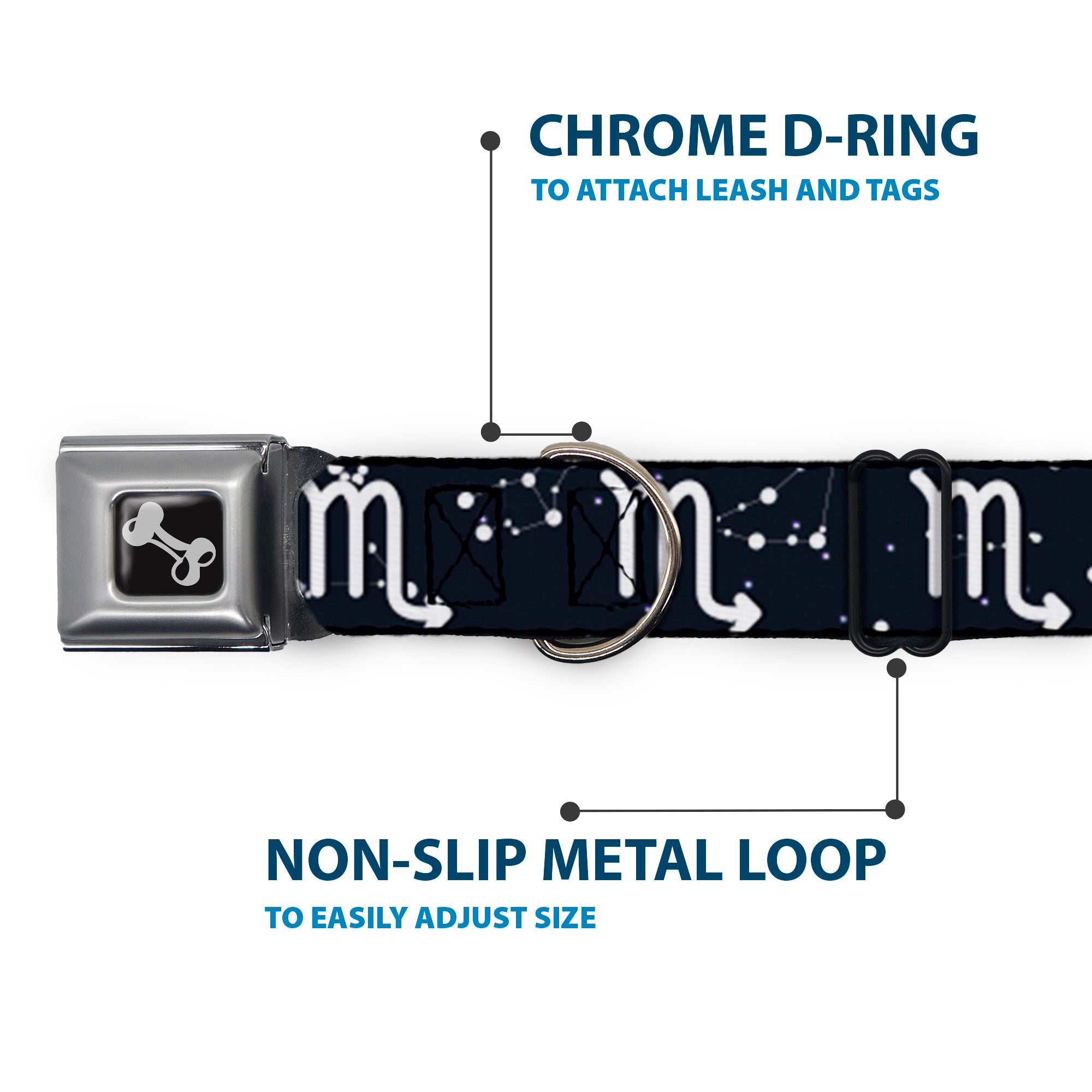 Dog Bone Seatbelt Buckle Collar - Zodiac Scorpio Symbol/Constellations Black/White Seatbelt Buckle Collars Buckle-Down