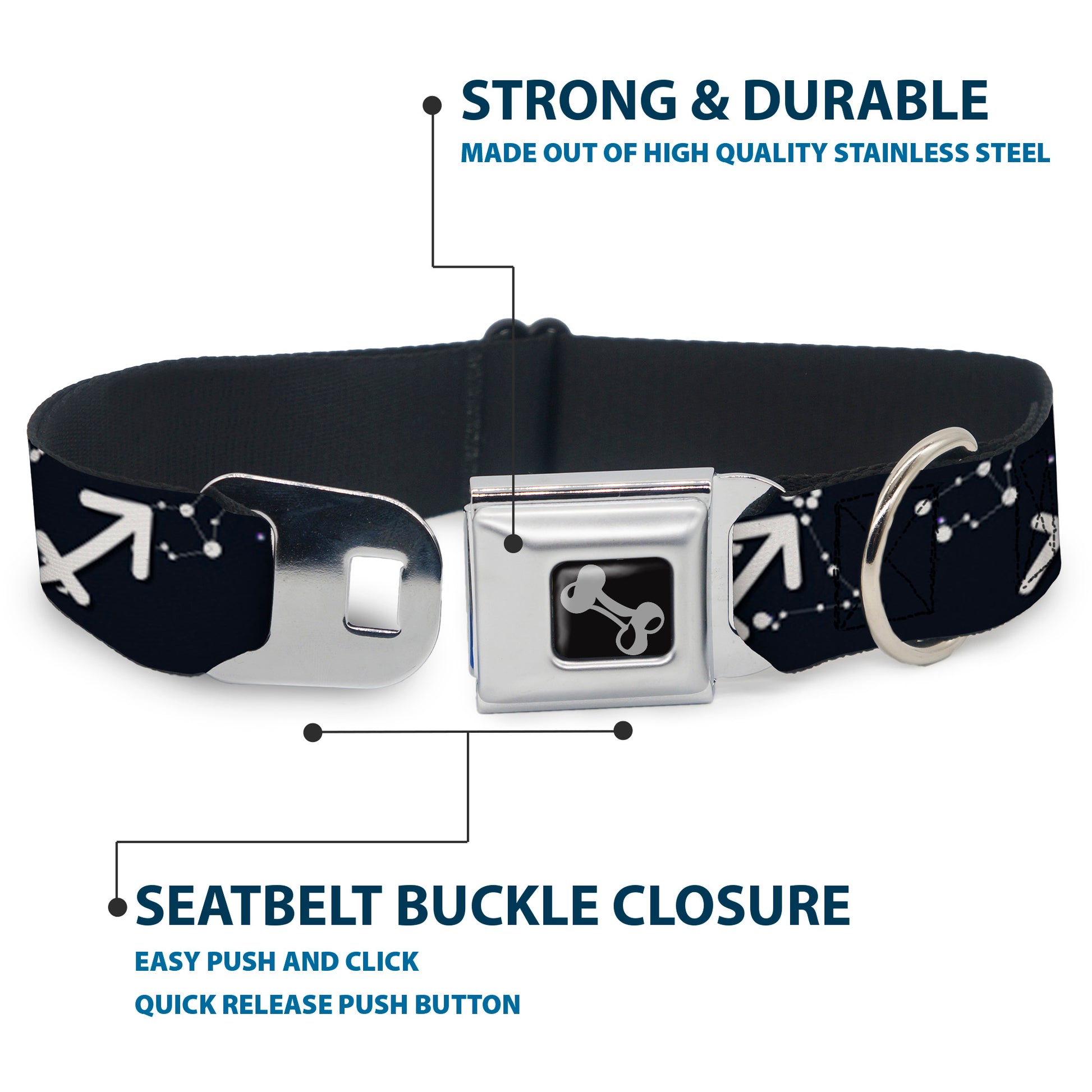 Dog Bone Black/Silver Seatbelt Buckle Collar - Zodiac Sagittarius Symbol/Constellations Black/White Seatbelt Buckle Collars Buckle-Down