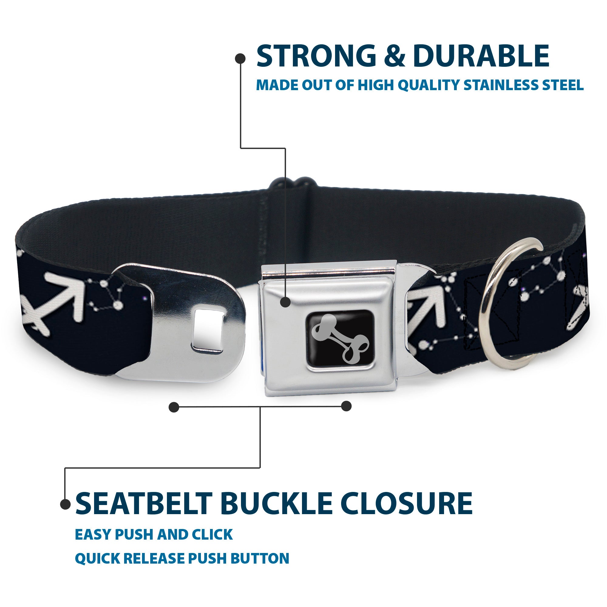 Dog Bone Black/Silver Seatbelt Buckle Collar - Zodiac Sagittarius Symbol/Constellations Black/White Seatbelt Buckle Collars Buckle-Down
