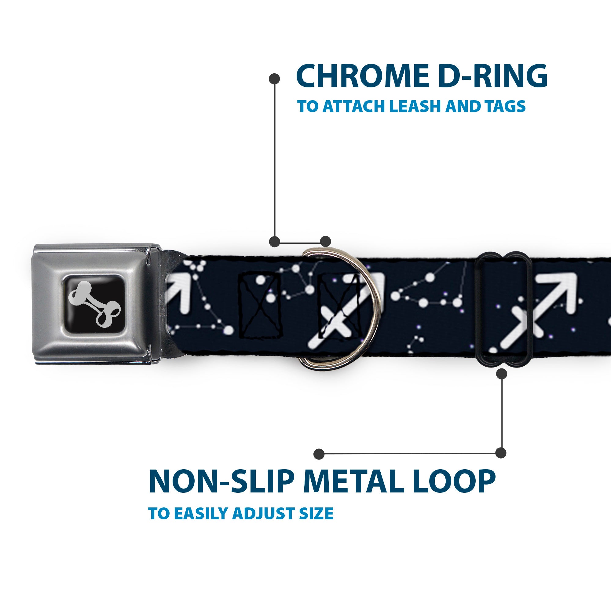 Dog Bone Black/Silver Seatbelt Buckle Collar - Zodiac Sagittarius Symbol/Constellations Black/White Seatbelt Buckle Collars Buckle-Down