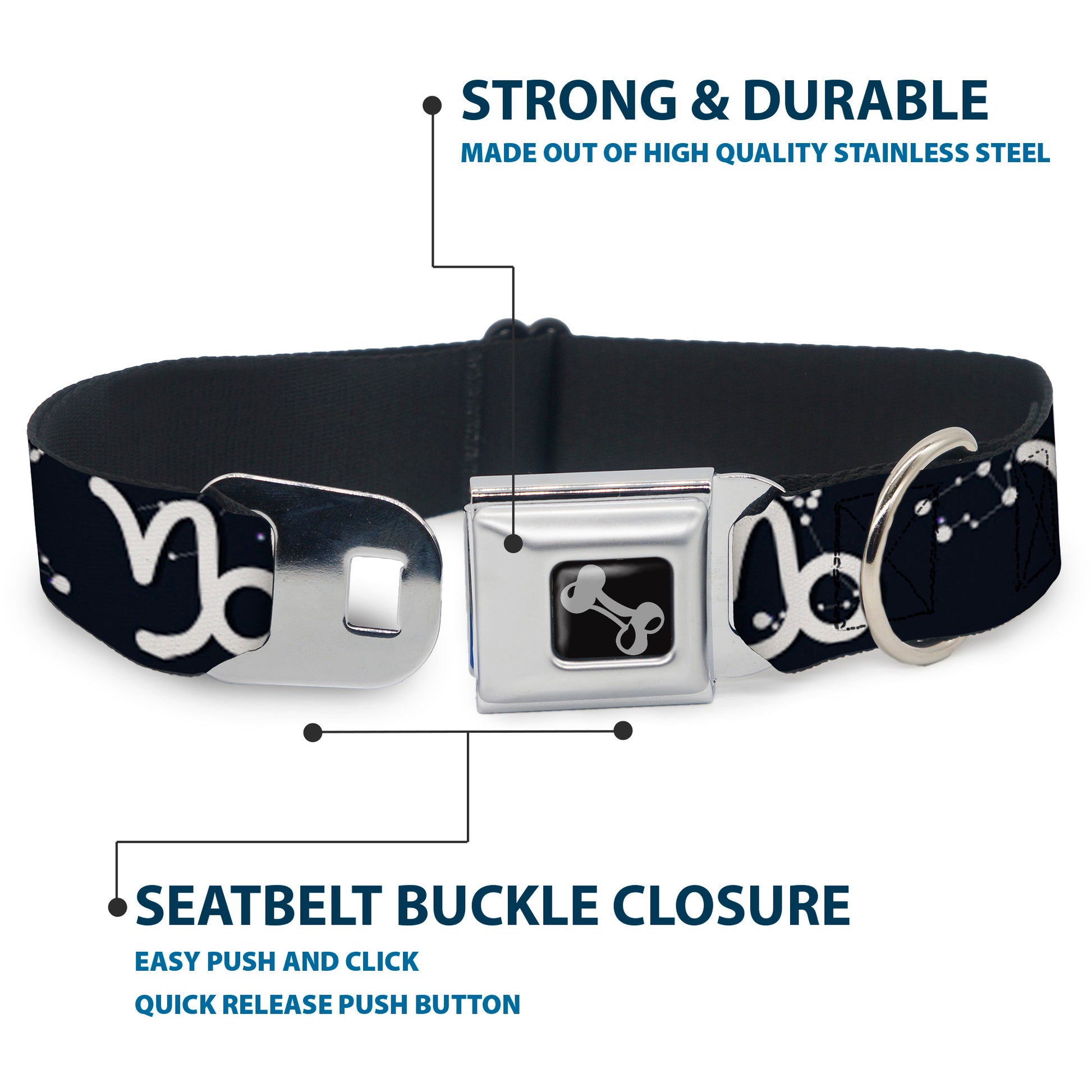 Dog Bone Black/Silver Seatbelt Buckle Collar - Zodiac Capricorn Symbol/Constellations Black/White Seatbelt Buckle Collars Buckle-Down