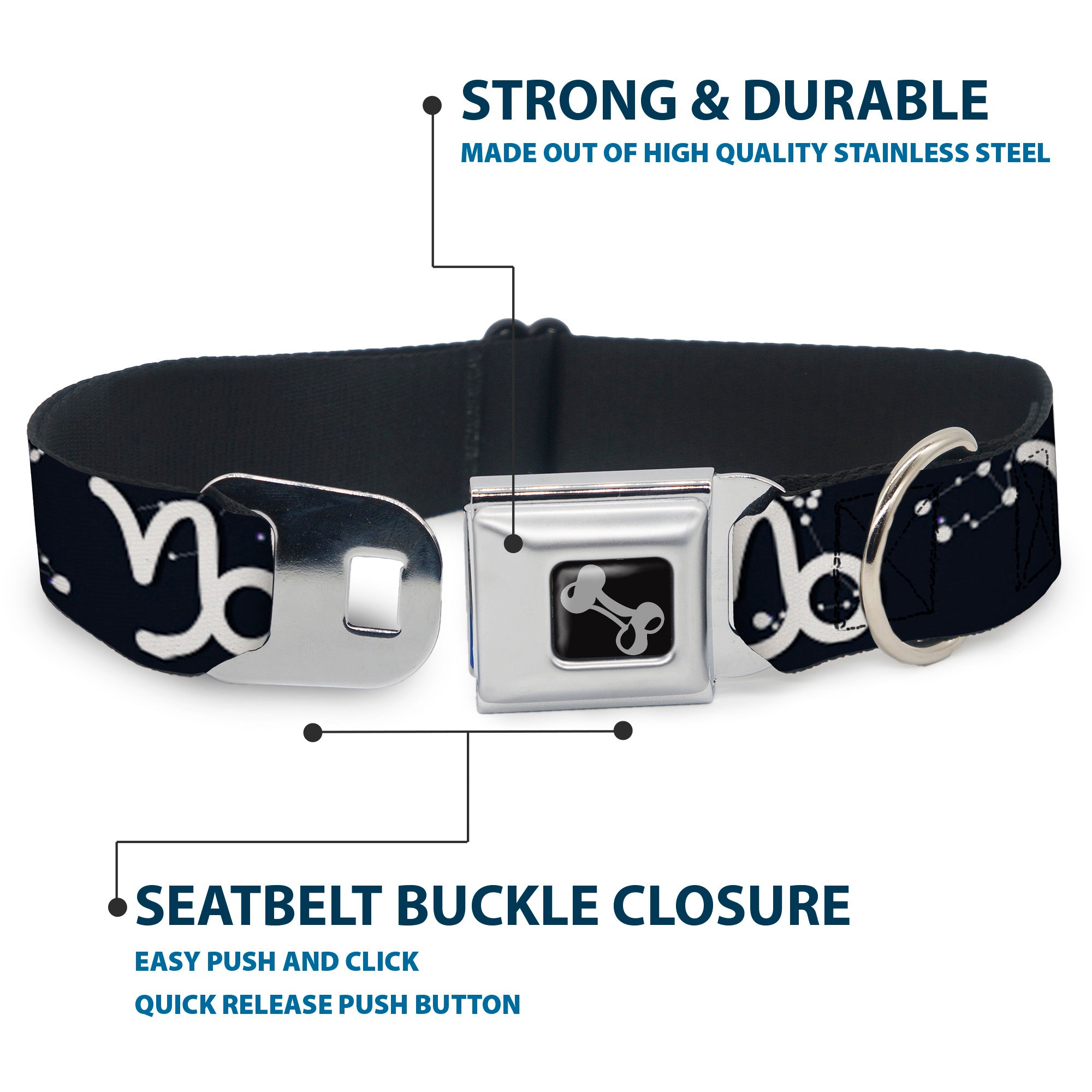 Dog Bone Black/Silver Seatbelt Buckle Collar - Zodiac Capricorn Symbol/Constellations Black/White Seatbelt Buckle Collars Buckle-Down