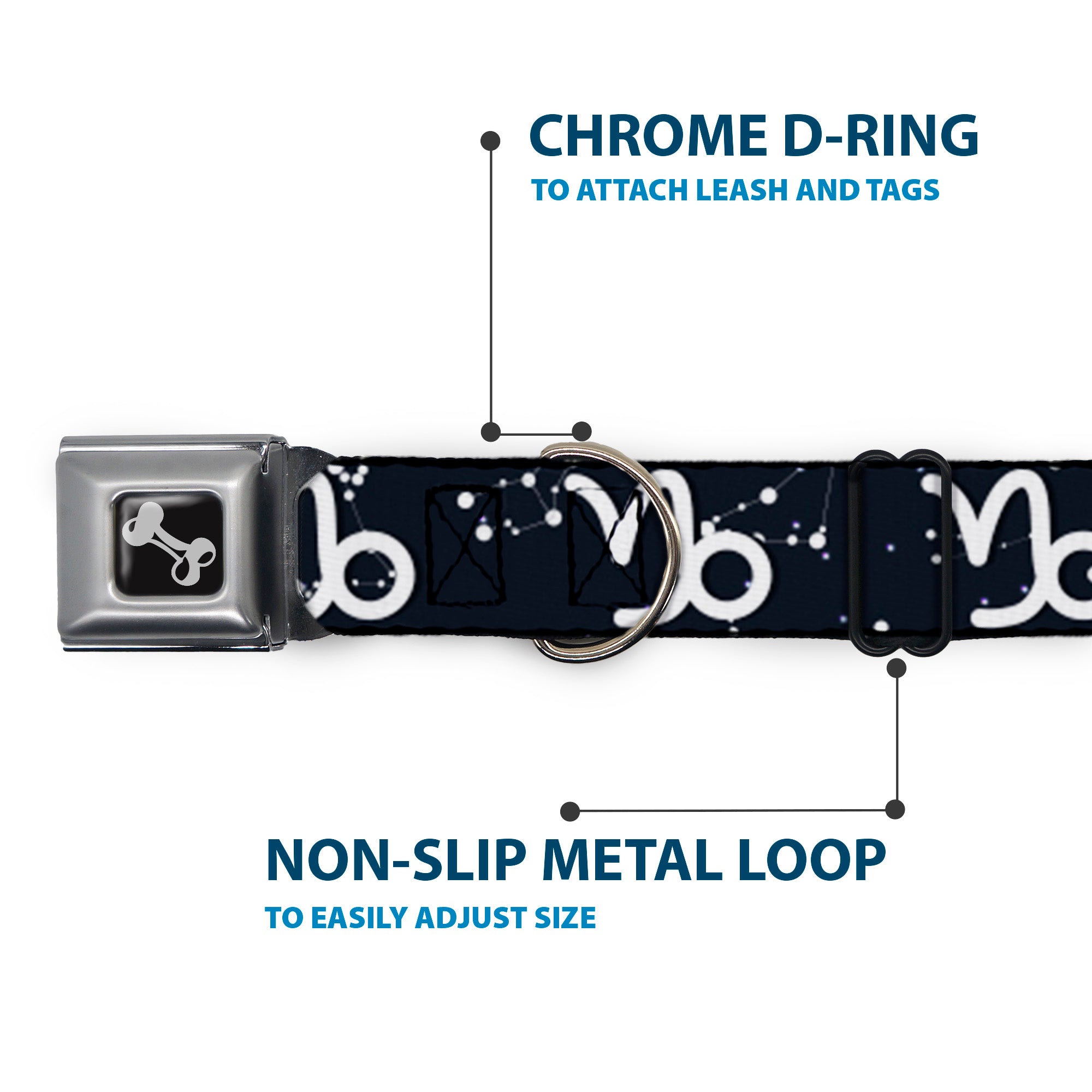 Dog Bone Black/Silver Seatbelt Buckle Collar - Zodiac Capricorn Symbol/Constellations Black/White Seatbelt Buckle Collars Buckle-Down