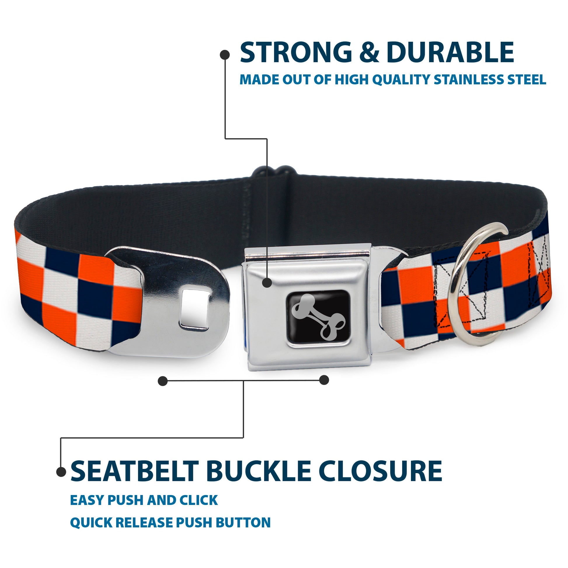 Dog Bone Seatbelt Buckle Collar - Checker Navy/Orange/White Seatbelt Buckle Collars Buckle-Down