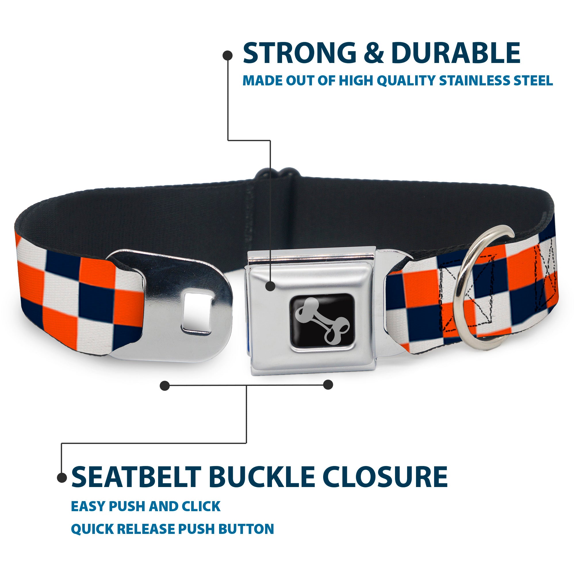 Dog Bone Seatbelt Buckle Collar - Checker Navy/Orange/White Seatbelt Buckle Collars Buckle-Down