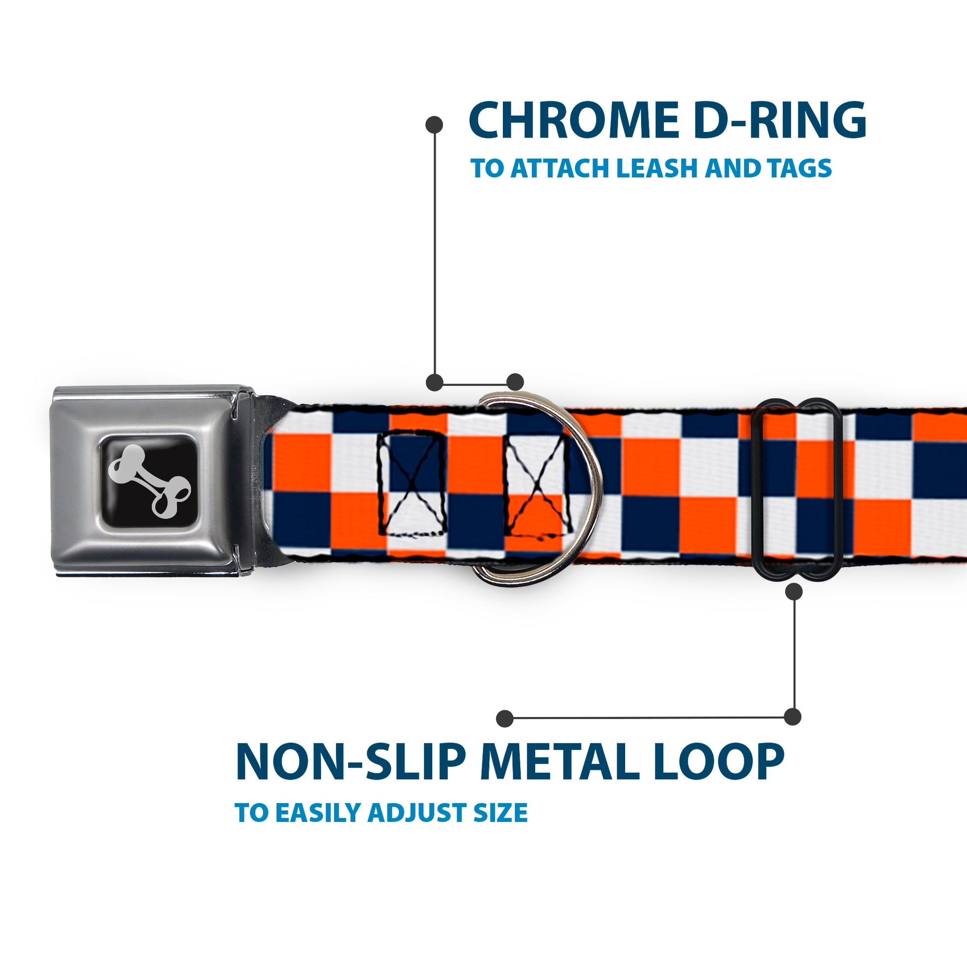 Dog Bone Seatbelt Buckle Collar - Checker Navy/Orange/White Seatbelt Buckle Collars Buckle-Down