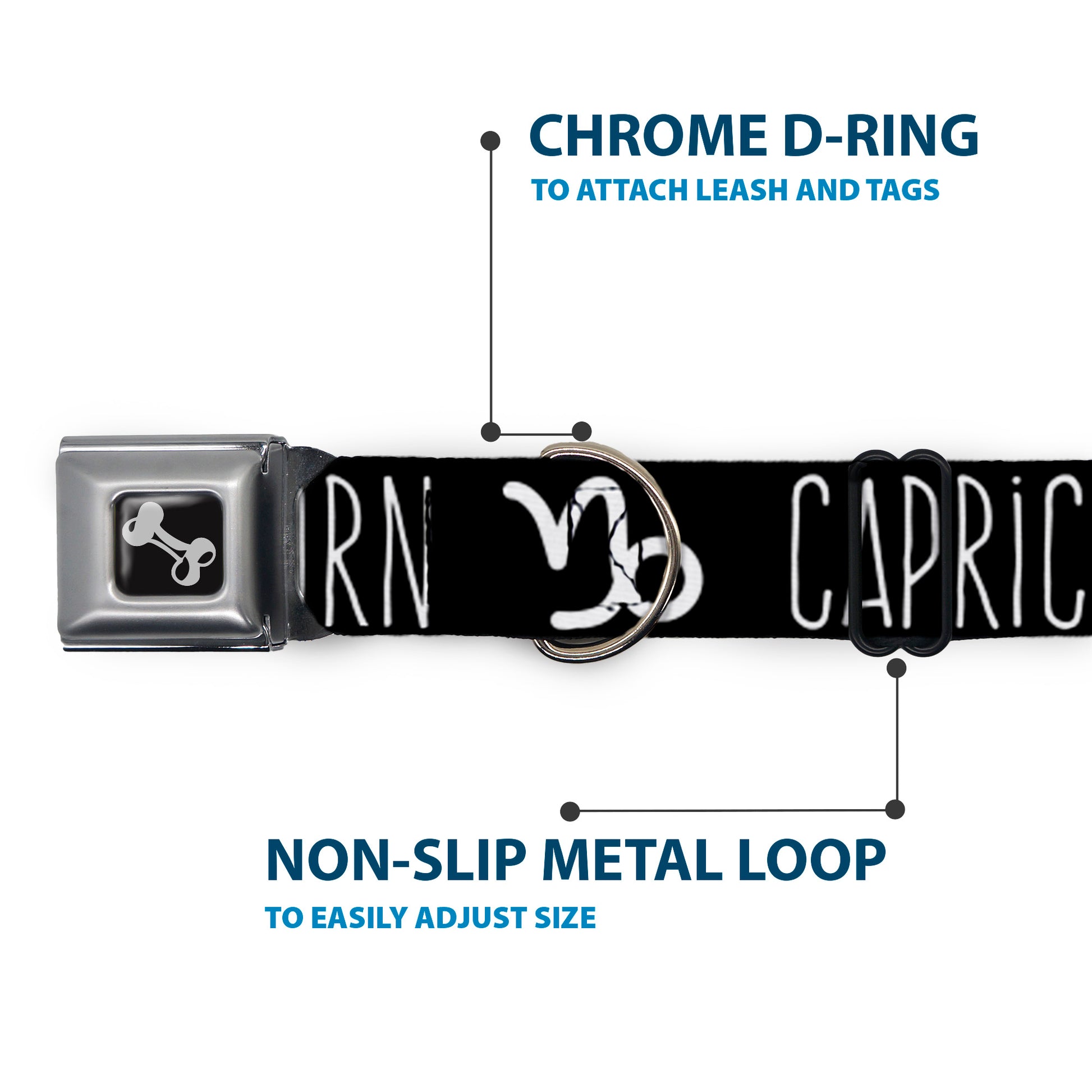 Dog Bone Seatbelt Buckle Collar - Zodiac CAPRICORN/Symbol Black/White Seatbelt Buckle Collars Buckle-Down