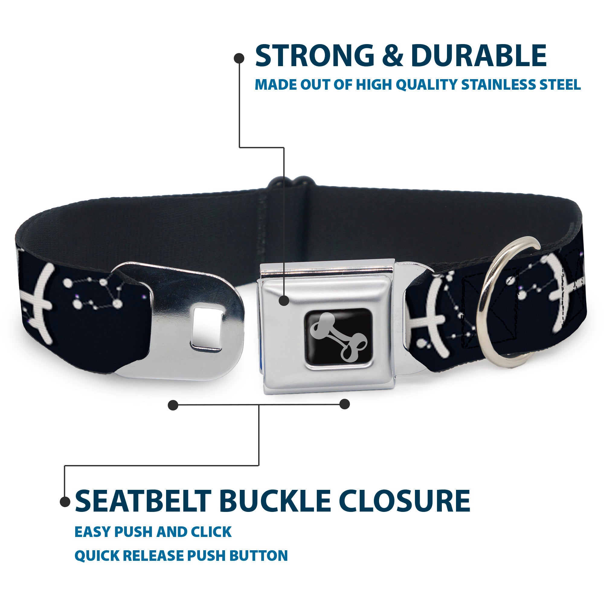 Dog Bone Seatbelt Buckle Collar - Zodiac Pisces Symbol/Constellations Black/White Seatbelt Buckle Collars Buckle-Down