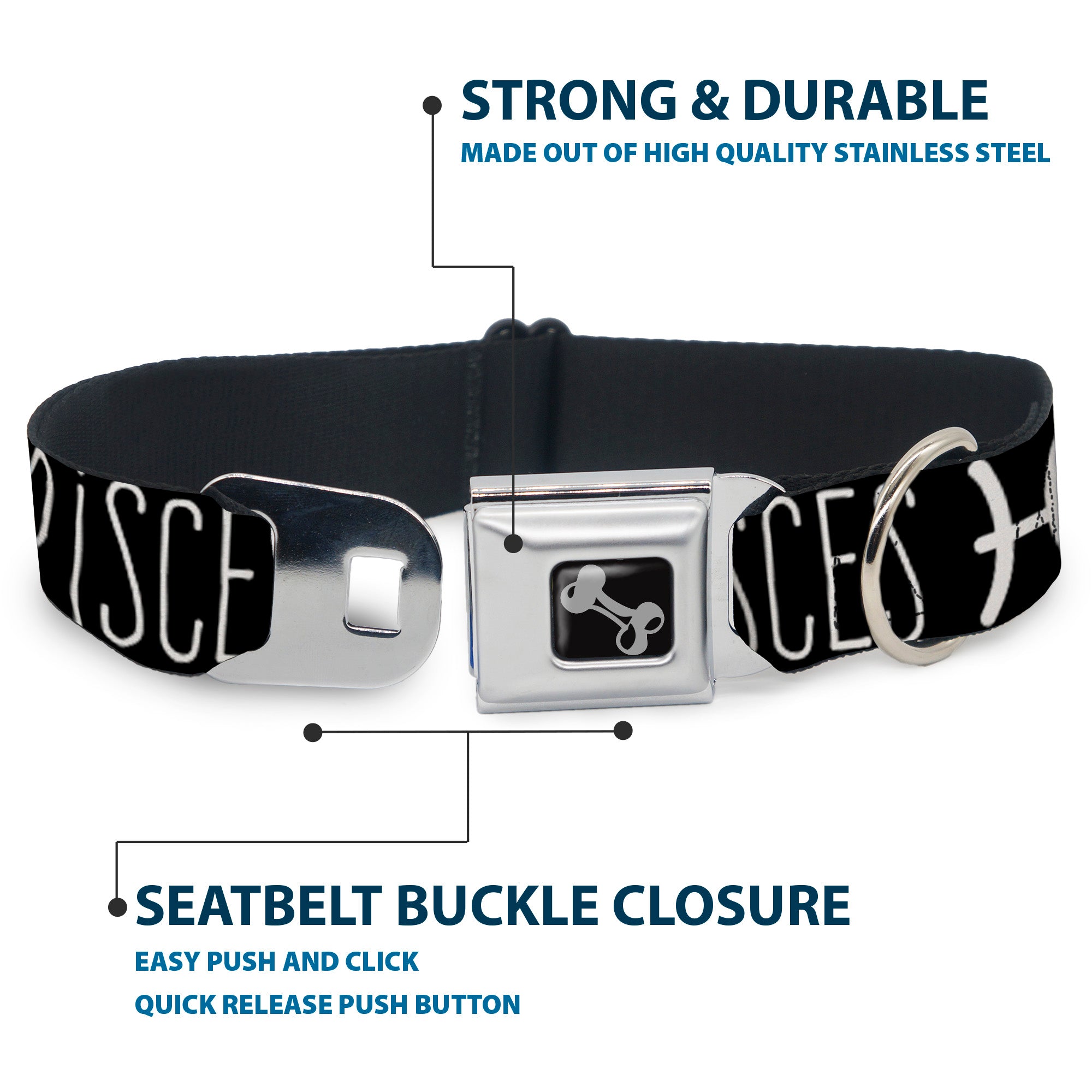Dog Bone Seatbelt Buckle Collar - Zodiac PISCES/Symbol Black/White Seatbelt Buckle Collars Buckle-Down