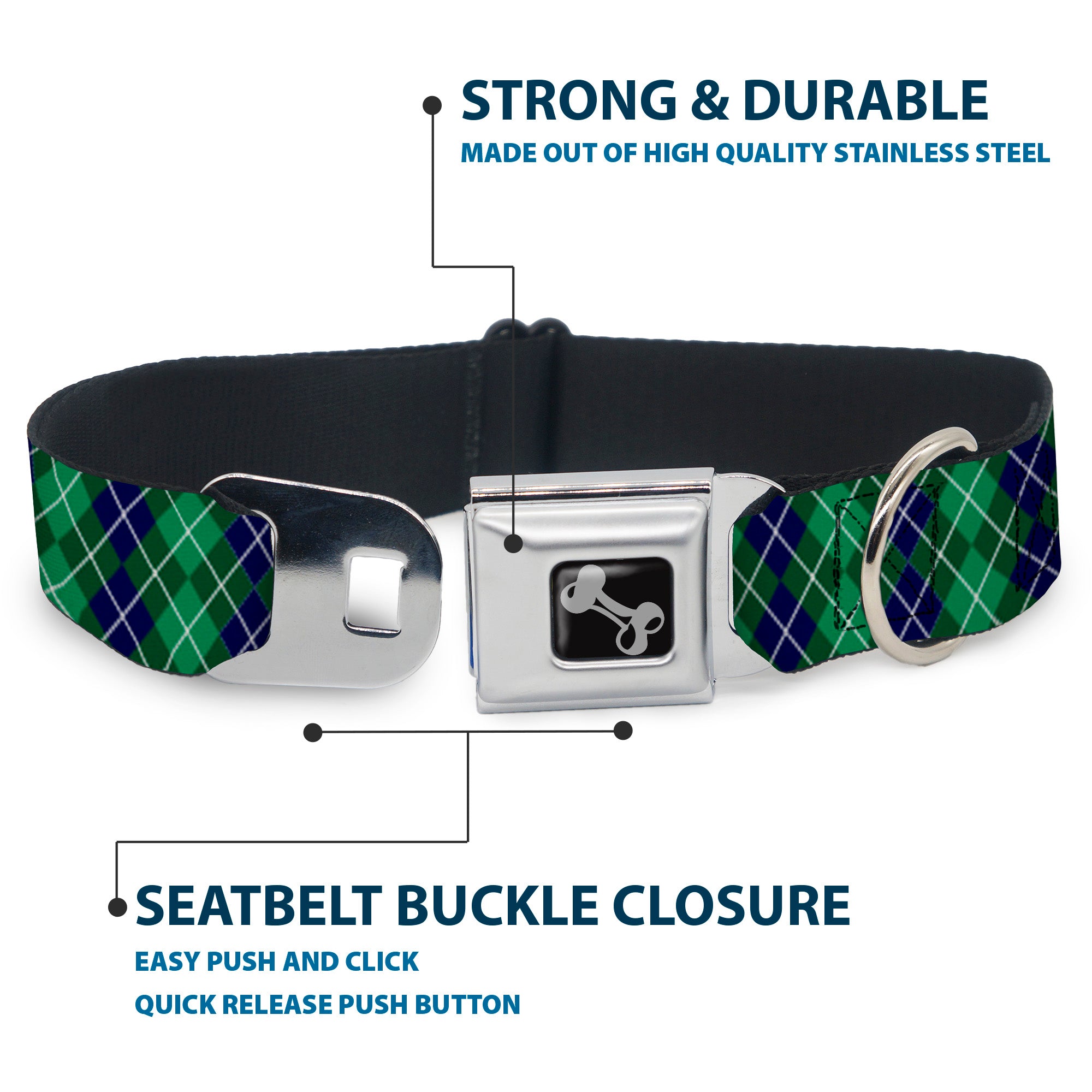 Dog Bone Black/Silver Seatbelt Buckle Collar - Argyle Green/Navy/Green/White Seatbelt Buckle Collars Buckle-Down