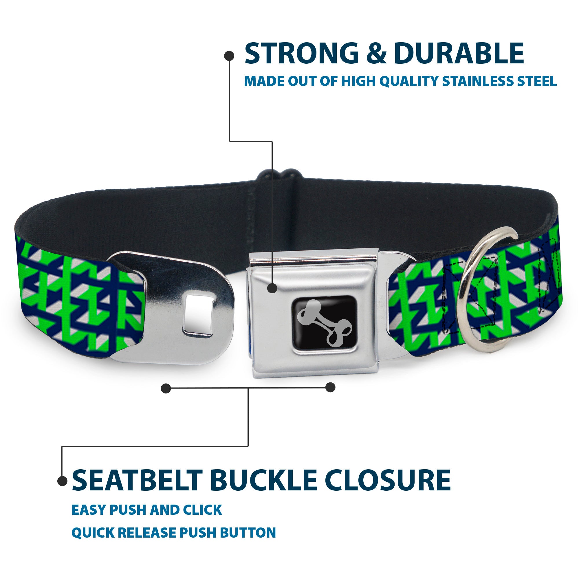 Dog Bone Black/Silver Seatbelt Buckle Collar - Abstract Plaid White/Navy/Neon Green Seatbelt Buckle Collars Buckle-Down