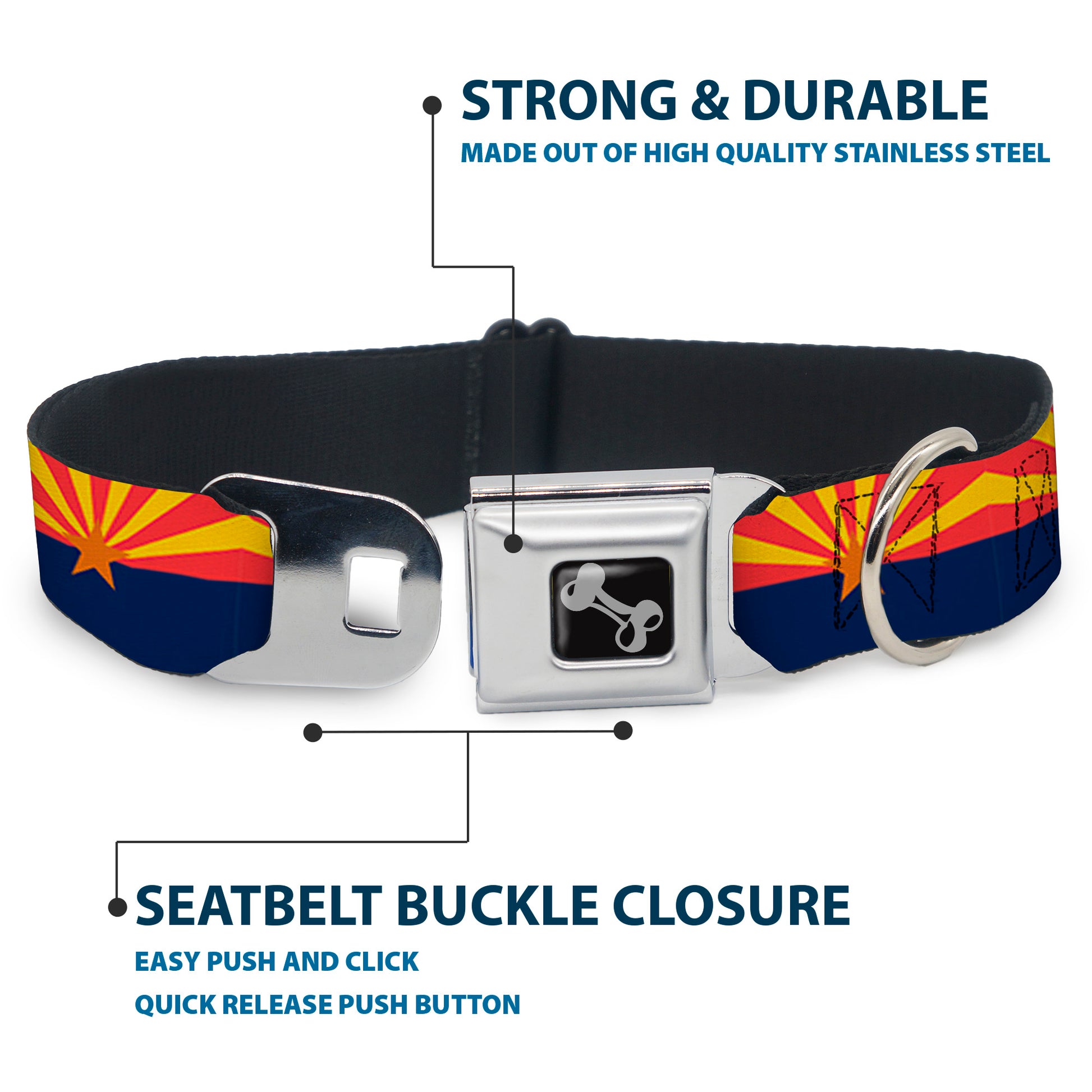 Dog Bone Black/Silver Seatbelt Buckle Collar - Arizona Flag Red/Yellow/Gold/Blue Seatbelt Buckle Collars Buckle-Down