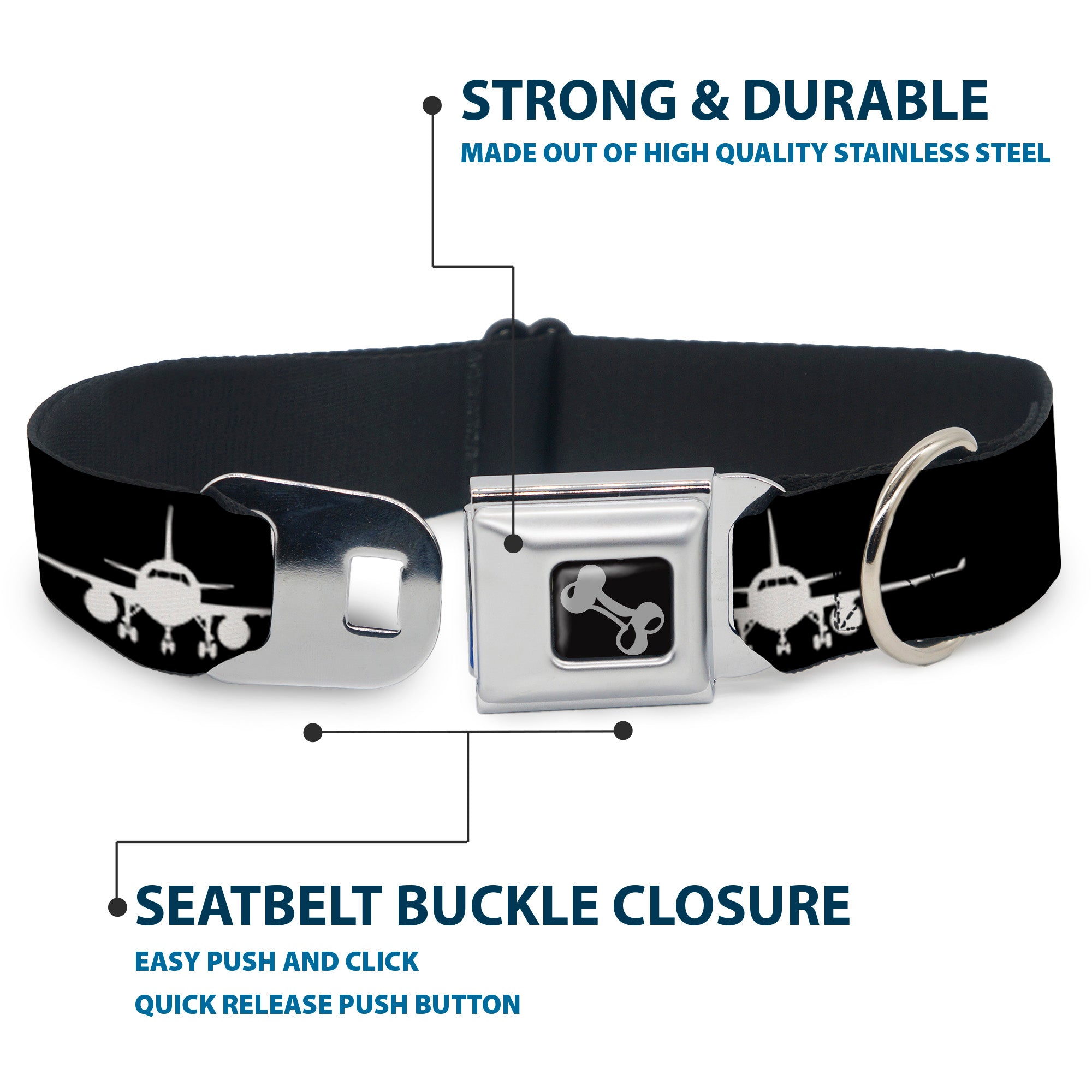 Dog Bone Black/Silver Seatbelt Buckle Collar - Airplane Silhouette Black/White Seatbelt Buckle Collars Buckle-Down