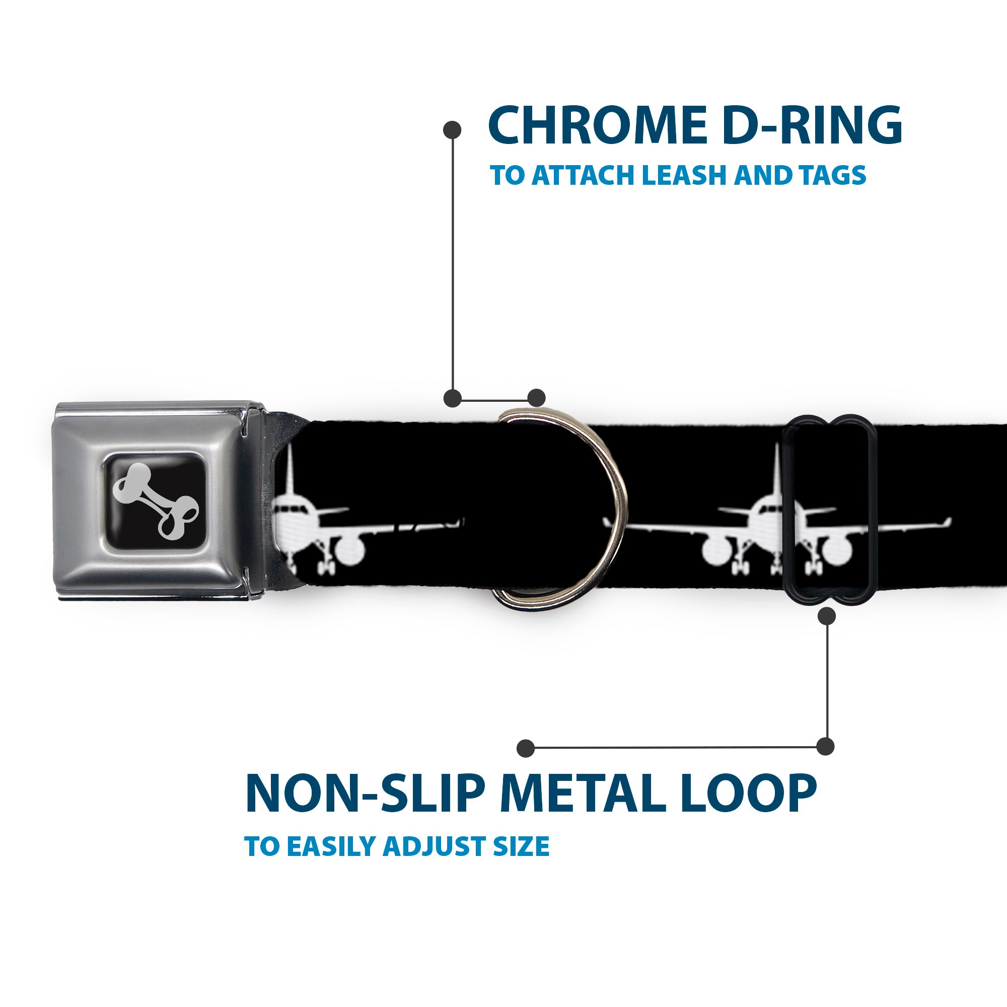 Dog Bone Black/Silver Seatbelt Buckle Collar - Airplane Silhouette Black/White Seatbelt Buckle Collars Buckle-Down