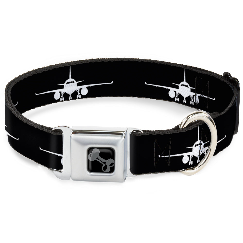 Dog Bone Black/Silver Seatbelt Buckle Collar - Airplane Silhouette Black/White Seatbelt Buckle Collars Buckle-Down