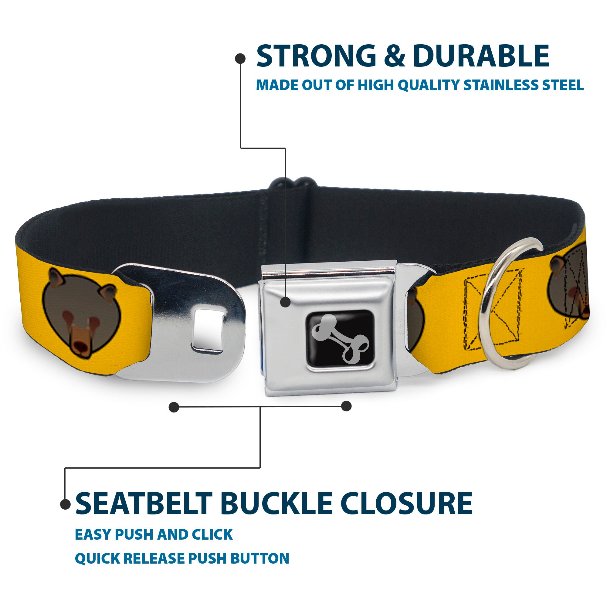 Dog Bone Seatbelt Buckle Collar - Brown Bear Repeat Yellow Seatbelt Buckle Collars Buckle-Down