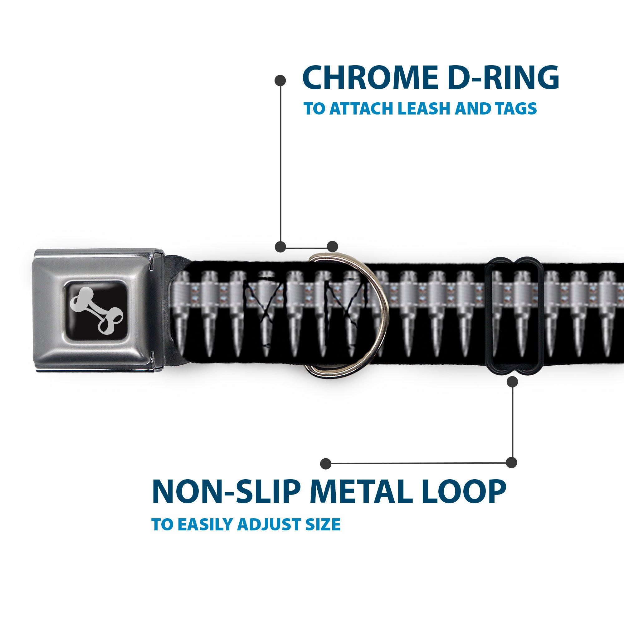 Dog Bone Black/Silver Seatbelt Buckle Collar - Printed Bullets Pattern Black/Gray Seatbelt Buckle Collars Buckle-Down