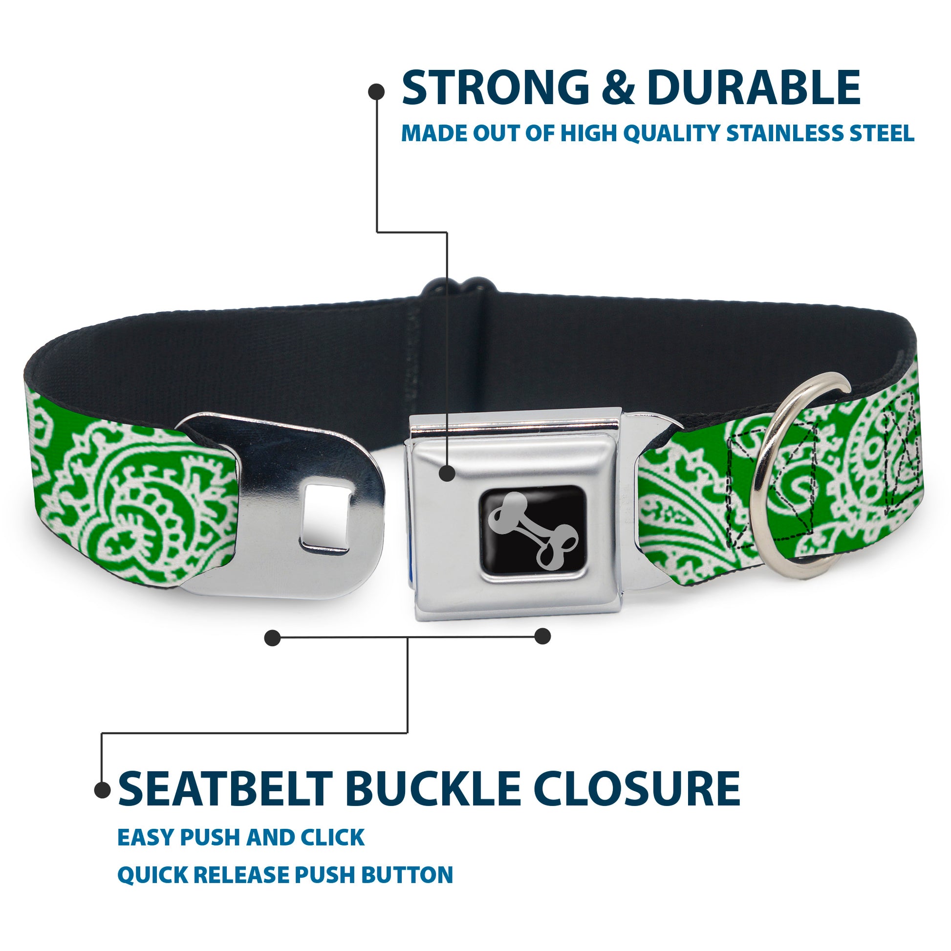 Dog Bone Seatbelt Buckle Collar - Bandana/Skulls Irish Green/White Seatbelt Buckle Collars Buckle-Down