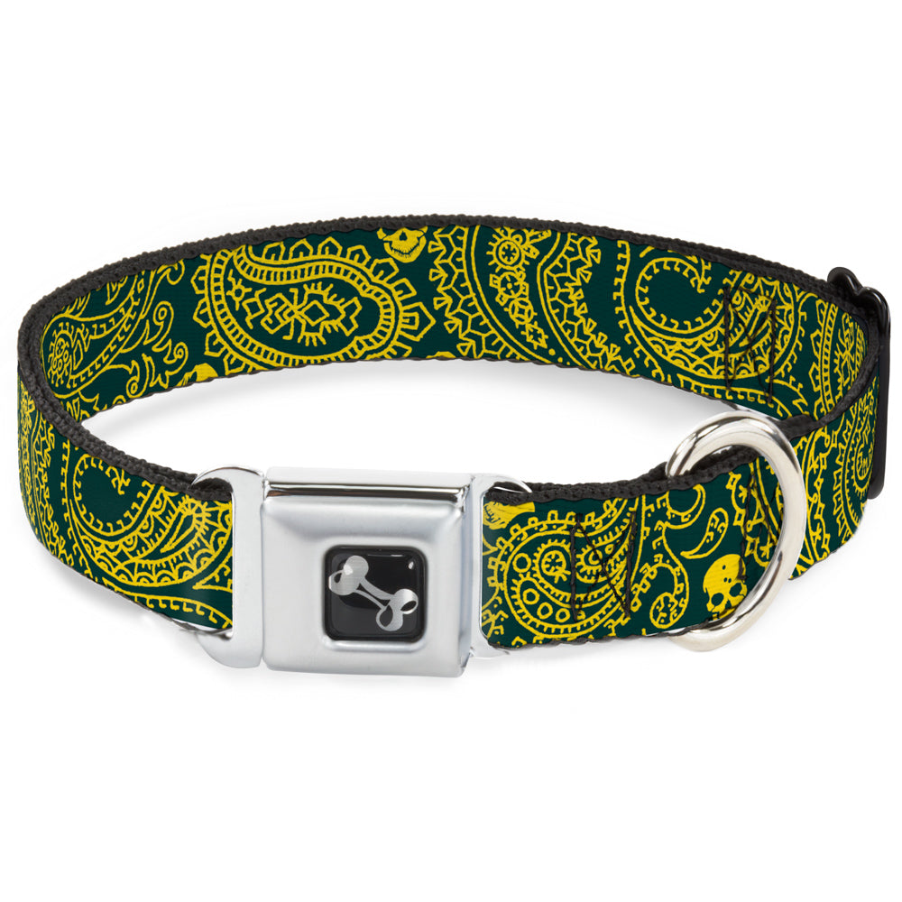 Dog Bone Seatbelt Buckle Collar - Bandana/Skulls Green/Gold Seatbelt Buckle Collars Buckle-Down