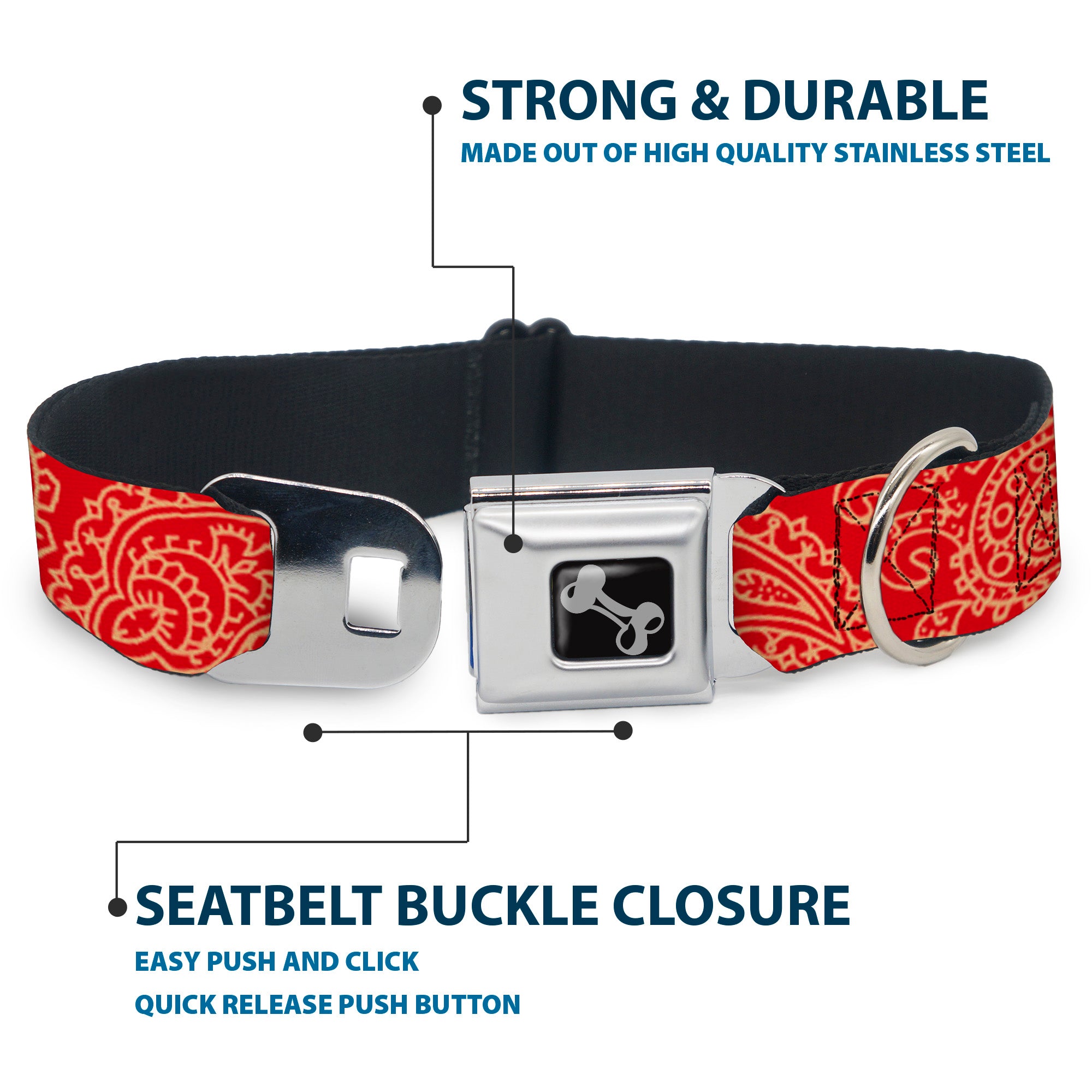 Dog Bone Seatbelt Buckle Collar - Bandana/Skulls Scarlet Red/Gold Seatbelt Buckle Collars Buckle-Down