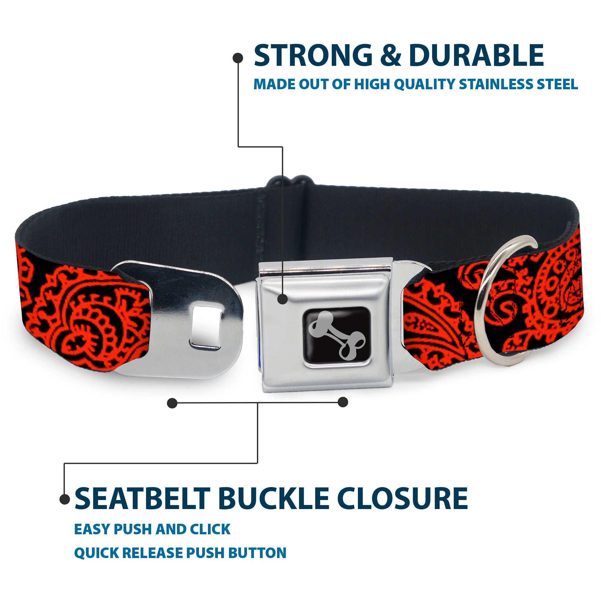Dog Bone Seatbelt Buckle Collar - Bandana/Skulls Black/Orange Seatbelt Buckle Collars Buckle-Down