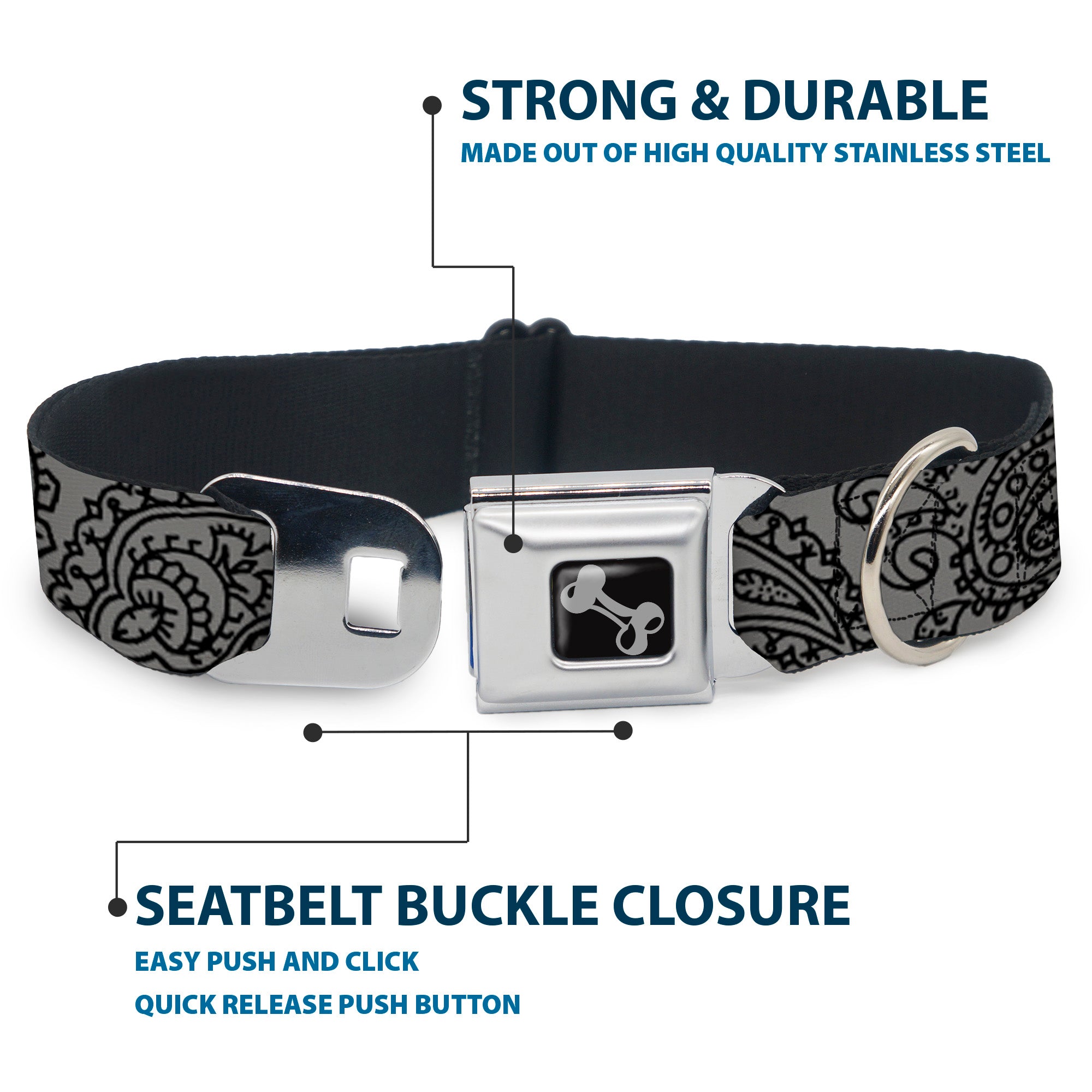 Dog Bone Seatbelt Buckle Collar - Bandana/Skulls Silver/Black Seatbelt Buckle Collars Buckle-Down